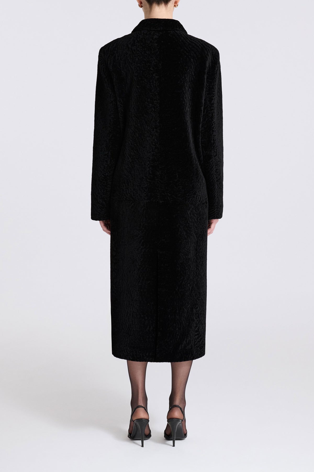 Model is Wearing Nour Hammour Paloma Marbled Shearling Overcoat Black Astrakhan - Back
