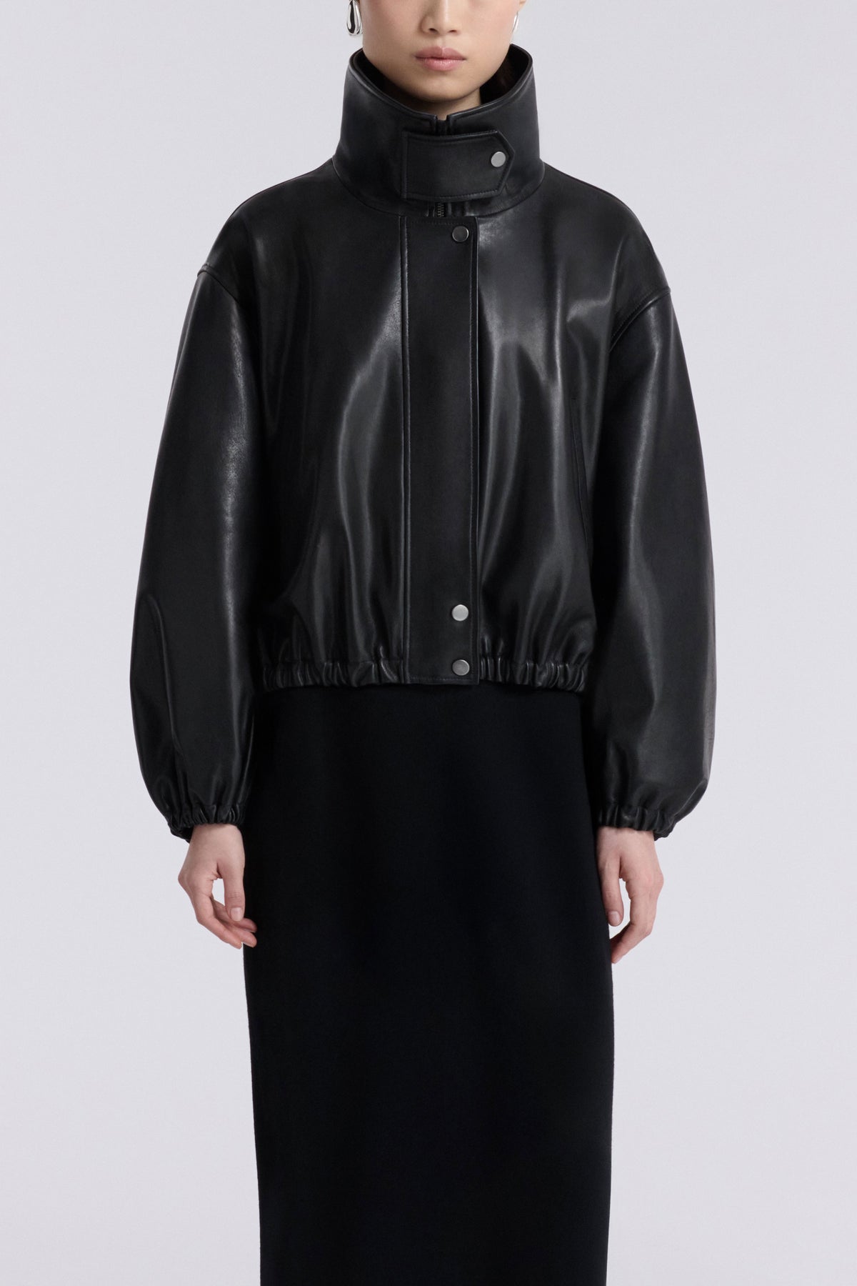 Model is Wearing Nour Hammour Pia Cropped Relaxed Leather Bomber Noir Classique - Front