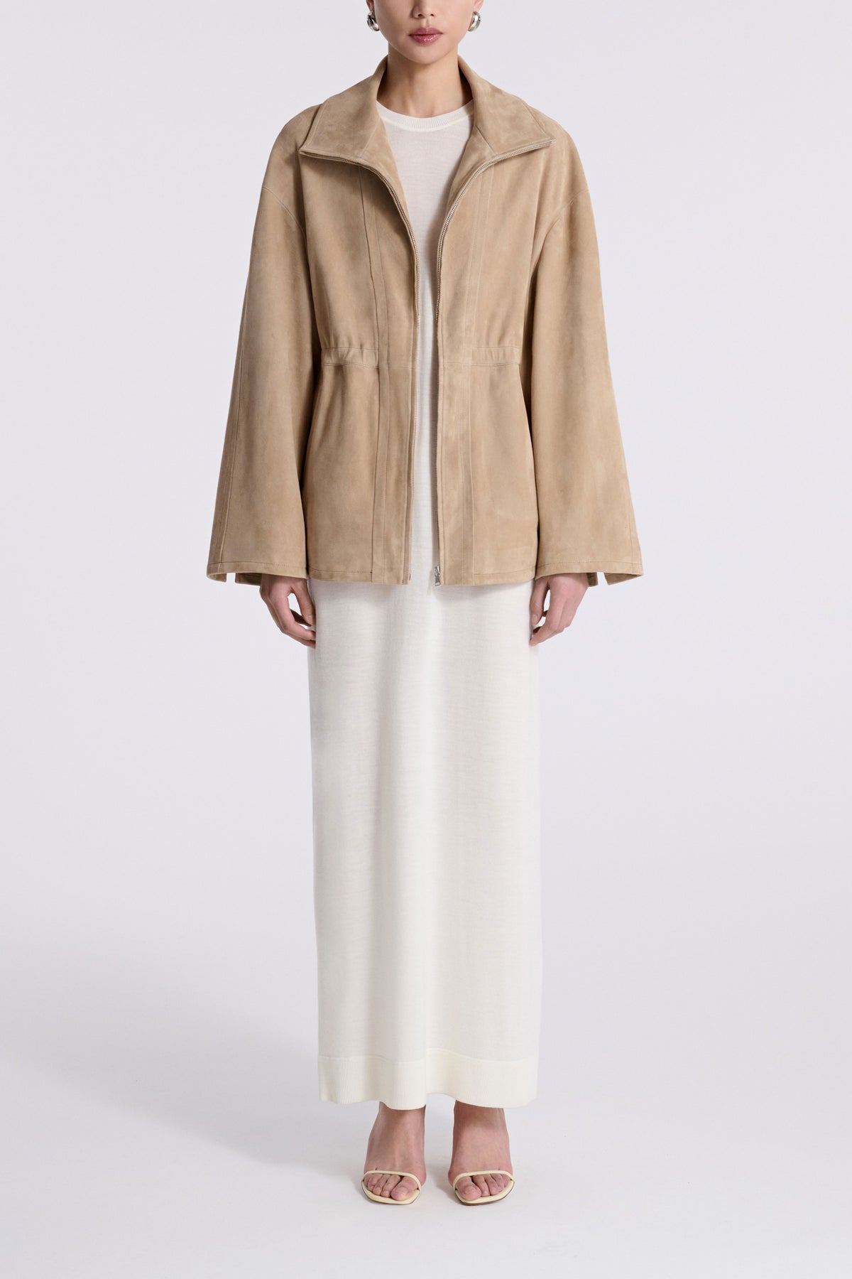 Model is Wearing Nour Hammour Passage Relaxed Suede Jacket Creme - Front Open