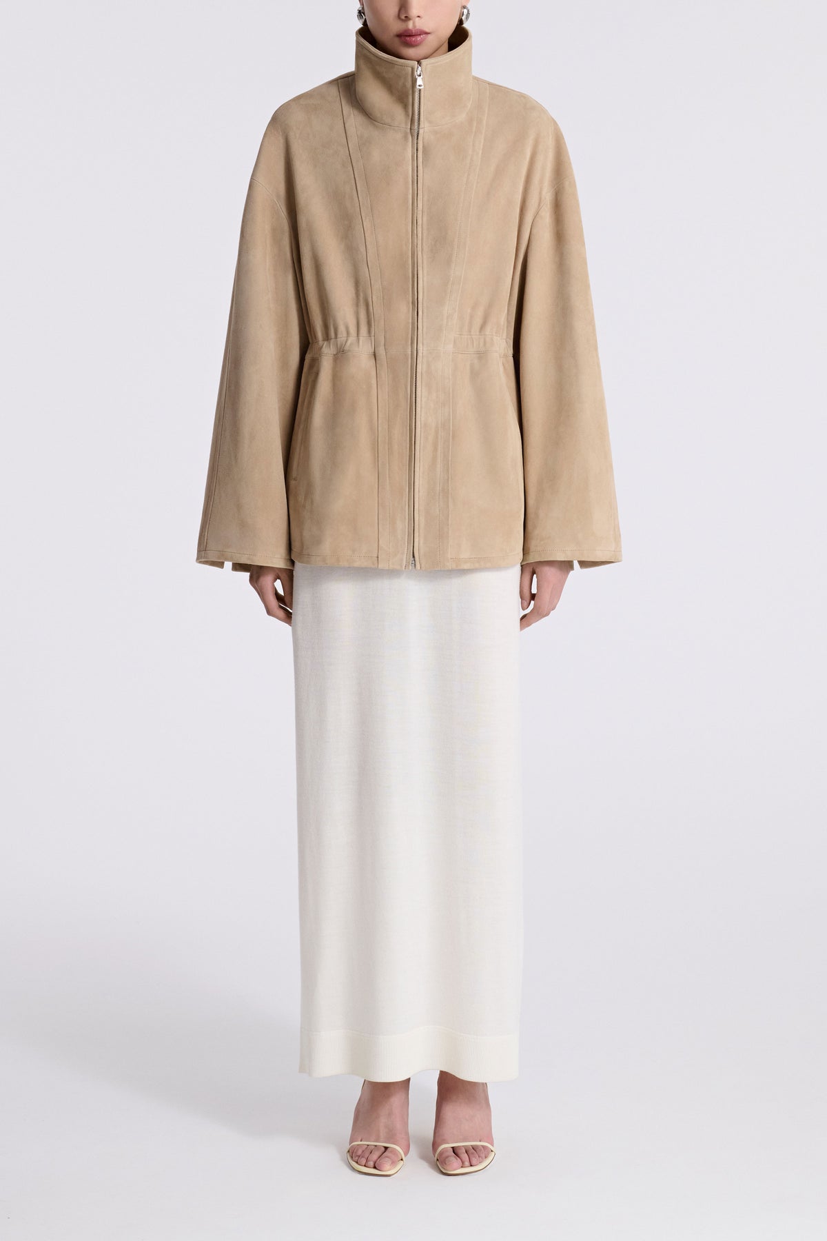 Model is Wearing Nour Hammour Passage Relaxed Suede Jacket Creme - Front 
