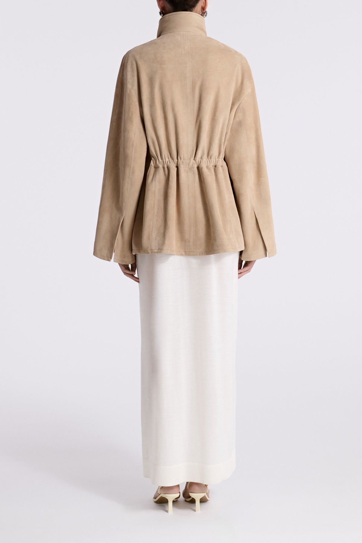 Model is Wearing Nour Hammour Passage Relaxed Suede Jacket Creme - Back