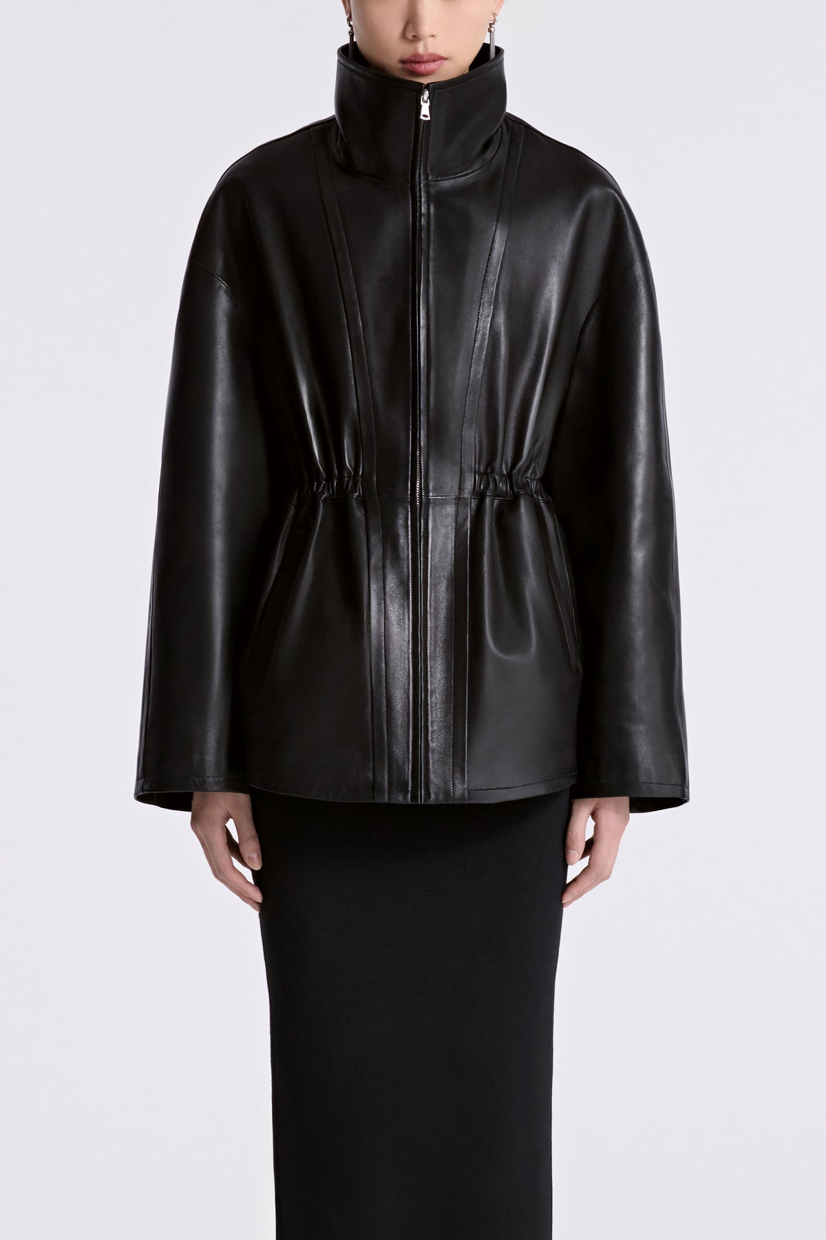 Model is Wearing Nour Hammour Passage Relaxed Leather Jacket Noir Classique - Front Closed