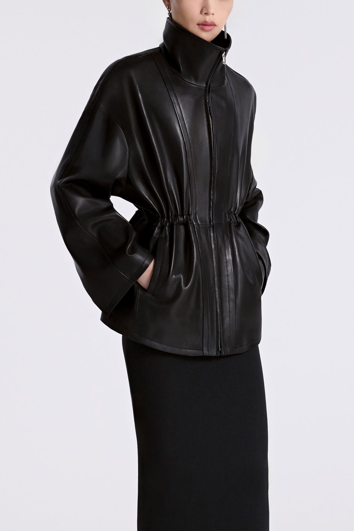 Model is Wearing Nour Hammour Passage Relaxed Leather Jacket Noir Classique - Three Quarters