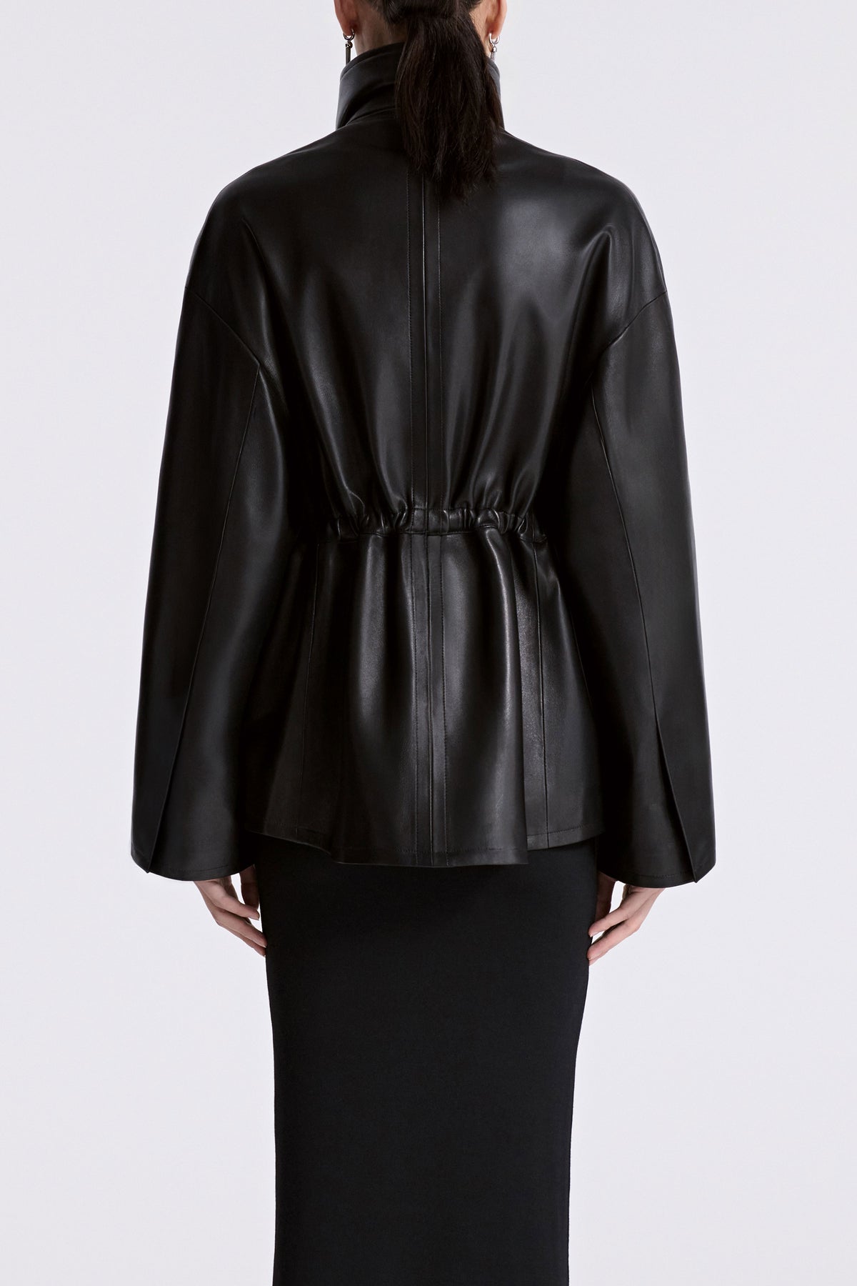 Model is Wearing Nour Hammour Passage Relaxed Leather Jacket Noir Classique - Back