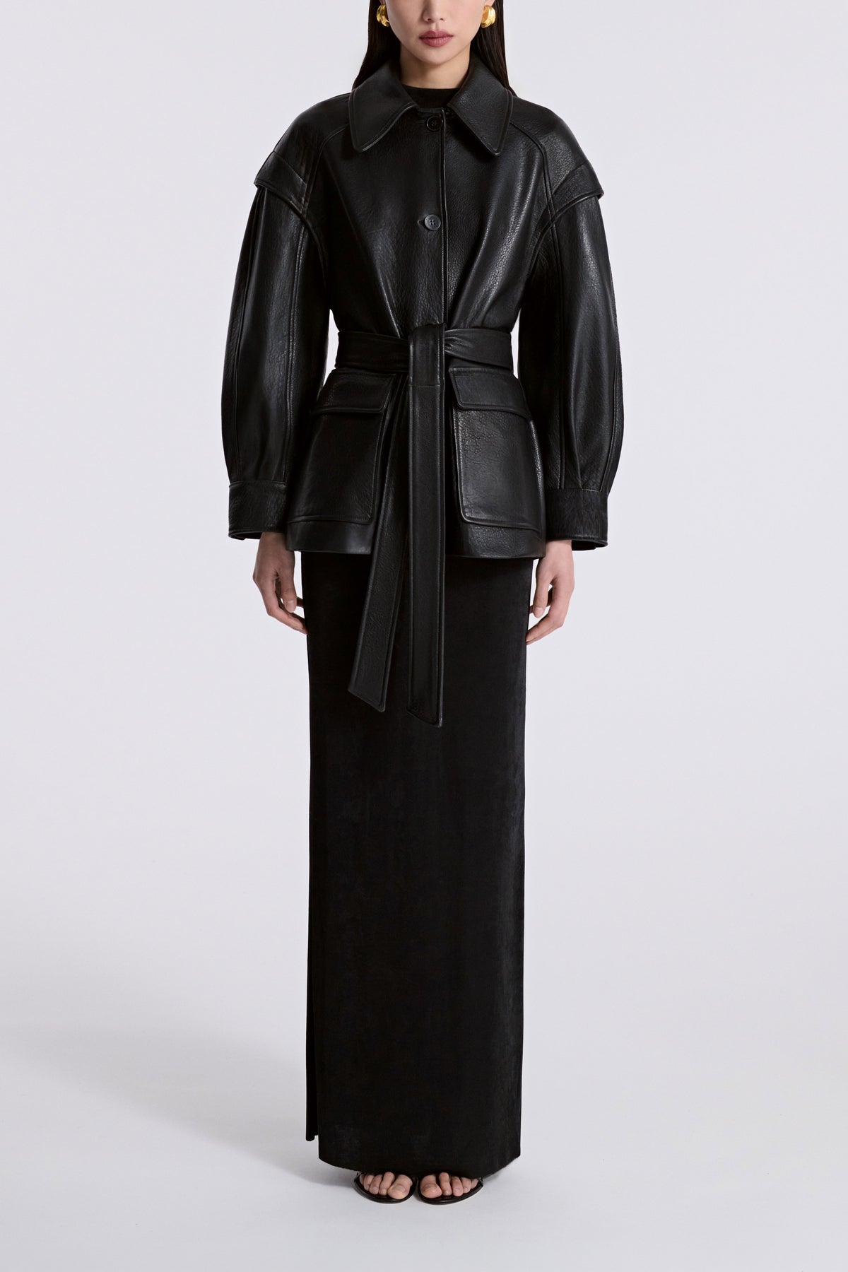 Model is Wearing Nour Hammour Perrin Cinched Layered Sleeve Leather Jacket Black - Front