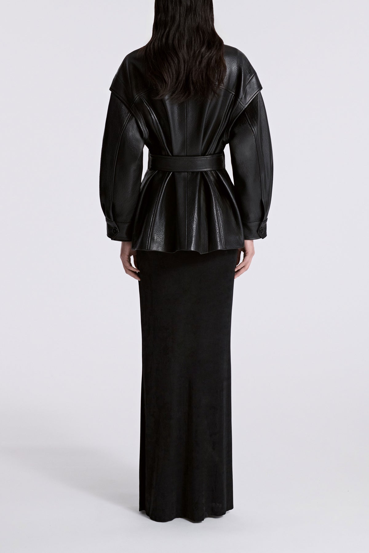 Model is Wearing Nour Hammour Perrin Cinched Layered Sleeve Leather Jacket Black - Back