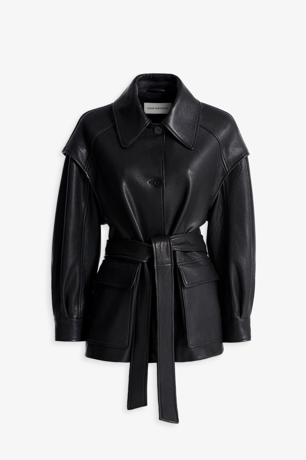 Nour Hammour Perrin Cinched Layered Sleeve Leather Jacket Black - Silhouette