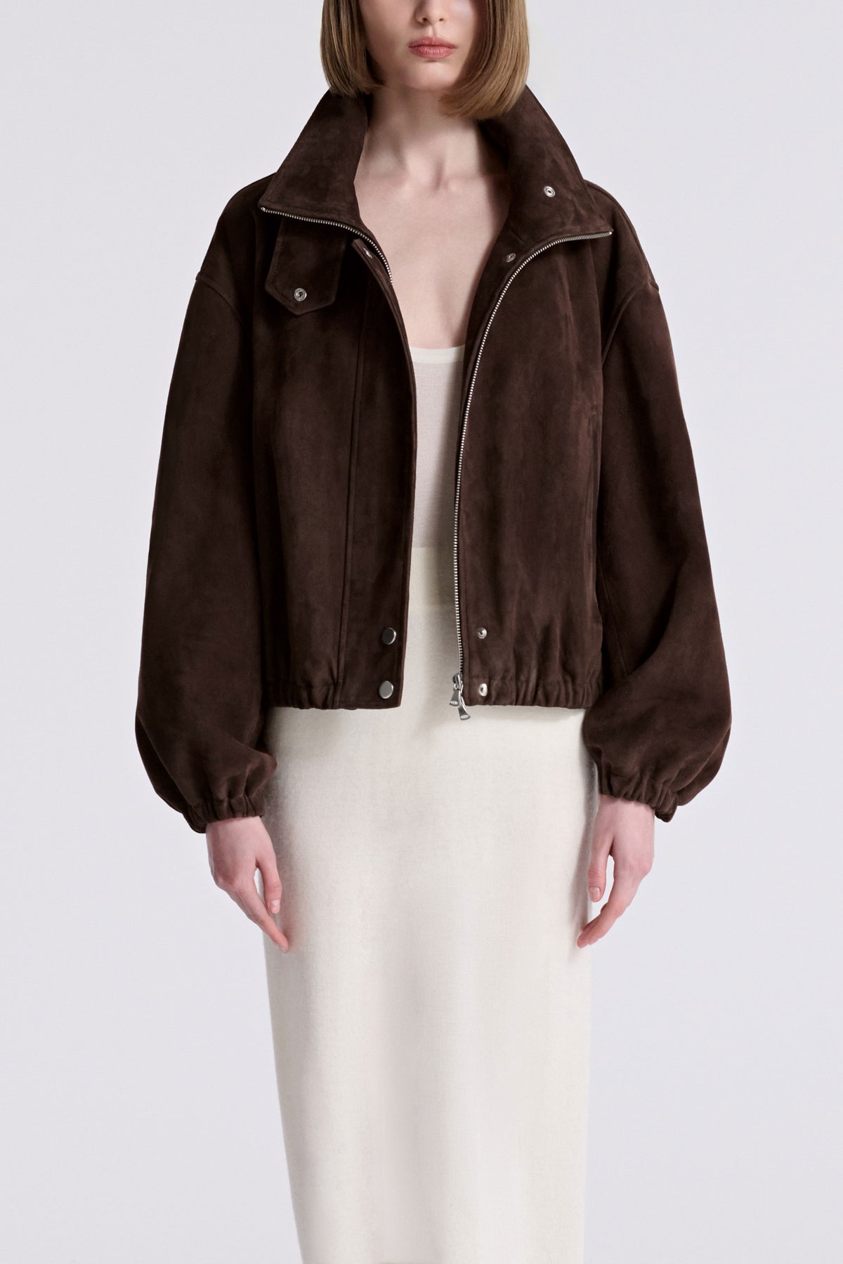 Model is Wearing Nour Hammour Pia Cropped Relaxed Suede Bomber Acajou - Front Open