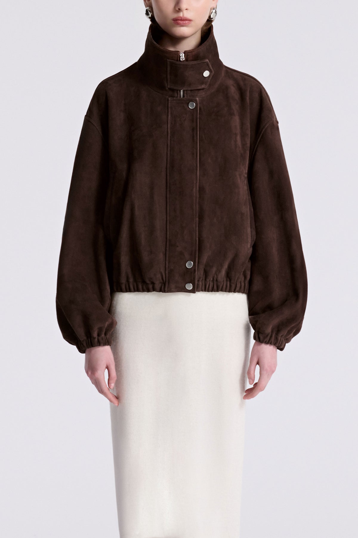 Model is Wearing Nour Hammour Pia Cropped Relaxed Suede Bomber Acajou - Front Closed