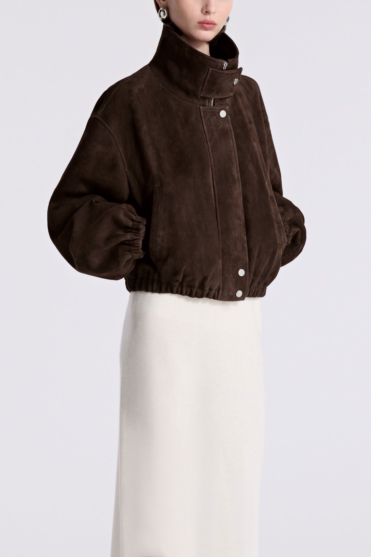 Model is Wearing Nour Hammour Pia Cropped Relaxed Suede Bomber Acajou - Three Quarters