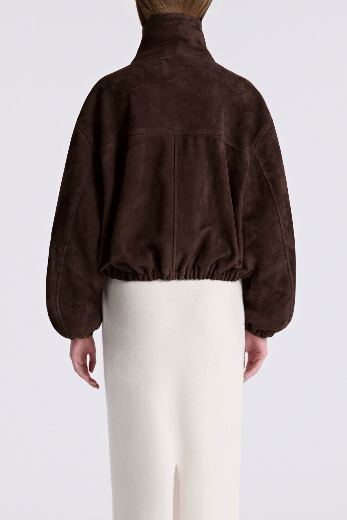 Model is Wearing Nour Hammour Pia Cropped Relaxed Suede Bomber Acajou - Back