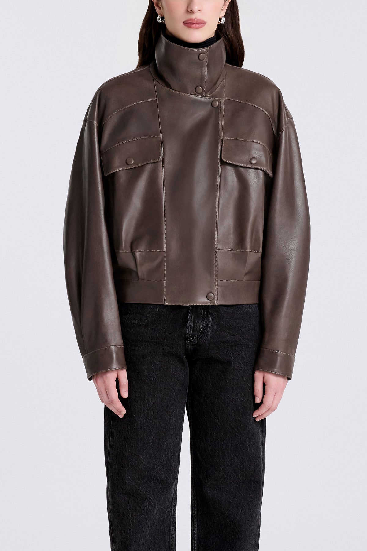 Model is Wearing Nour Hammour Quincy Soft Leather Pocket Bomber Mink - Front