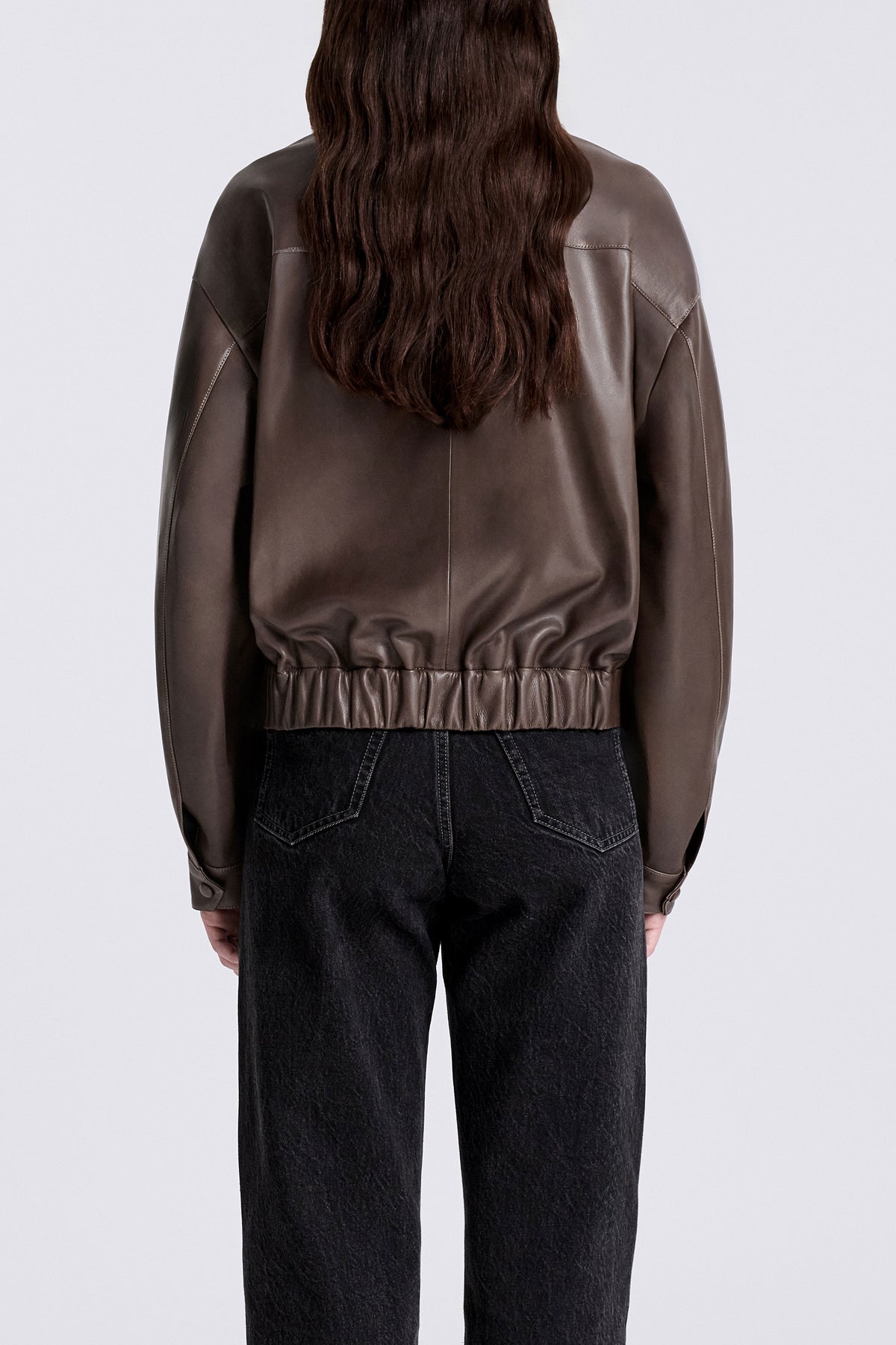 Model is Wearing Nour Hammour Quincy Soft Leather Pocket Bomber Mink - Back