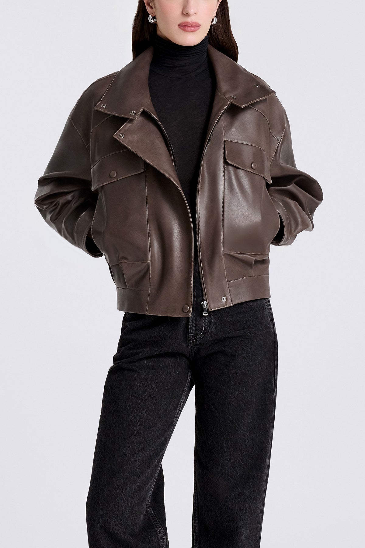 Model is Wearing Nour Hammour Quincy Soft Leather Pocket Bomber Mink - Front Open