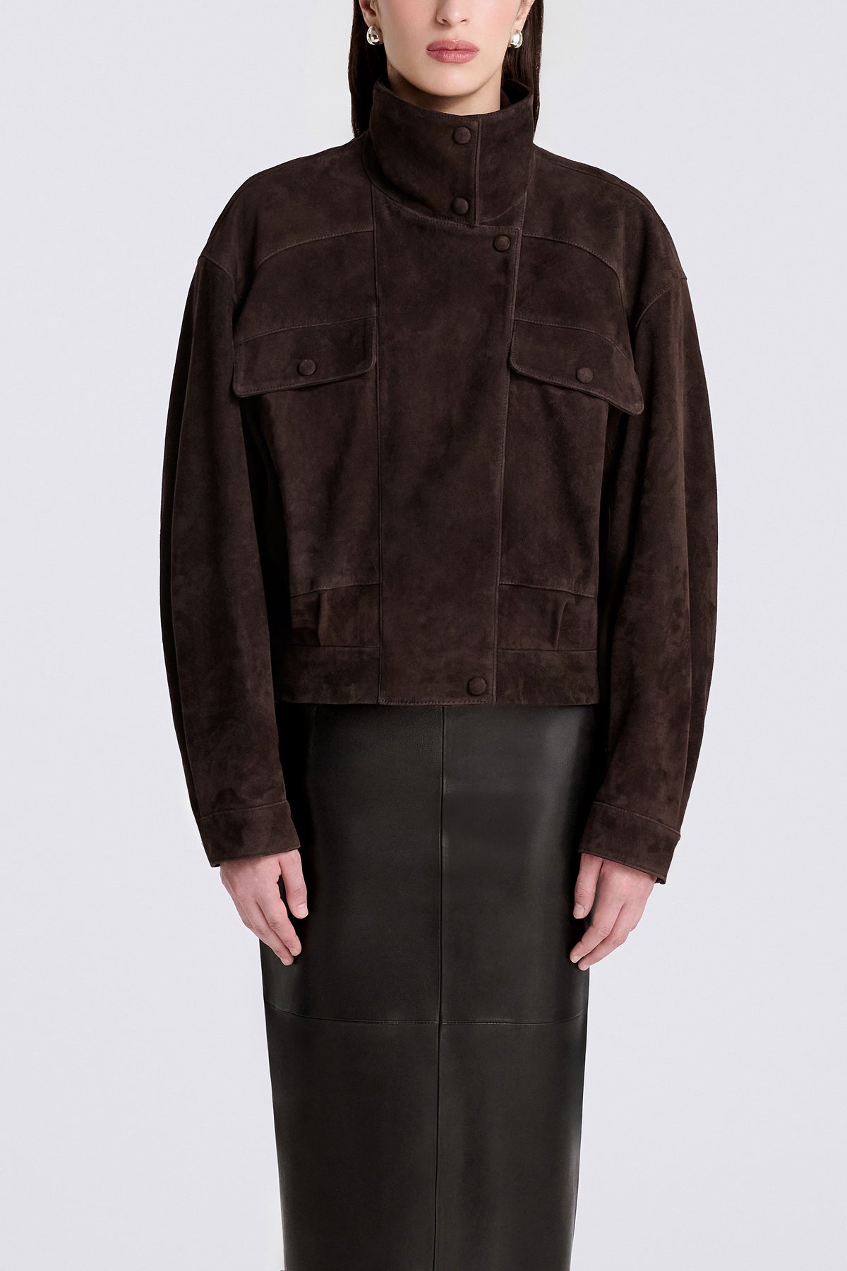 Model is Wearing Nour Hammour Commanding Bomber in Mocha - Front