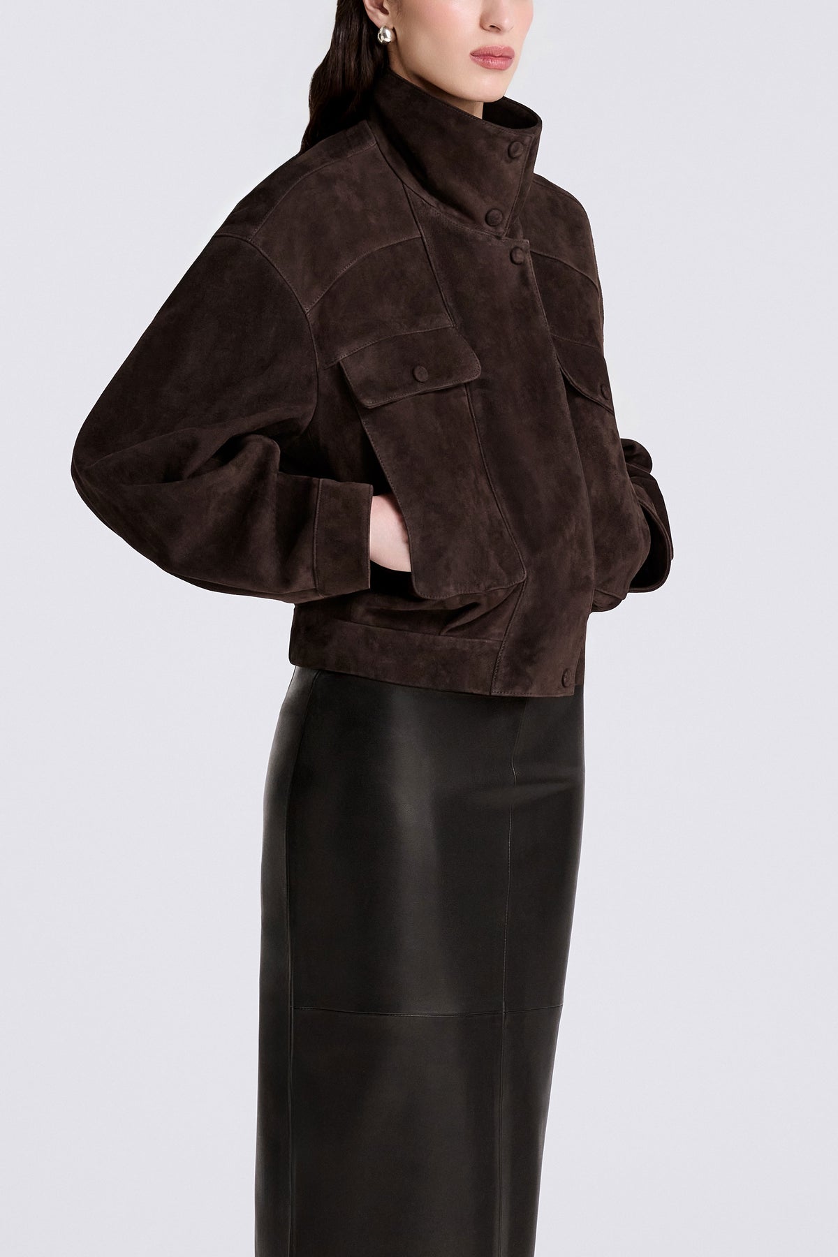 Model is Wearing Nour Hammour Soft Suede Pocket Bomber Mocha - Three Quarters 