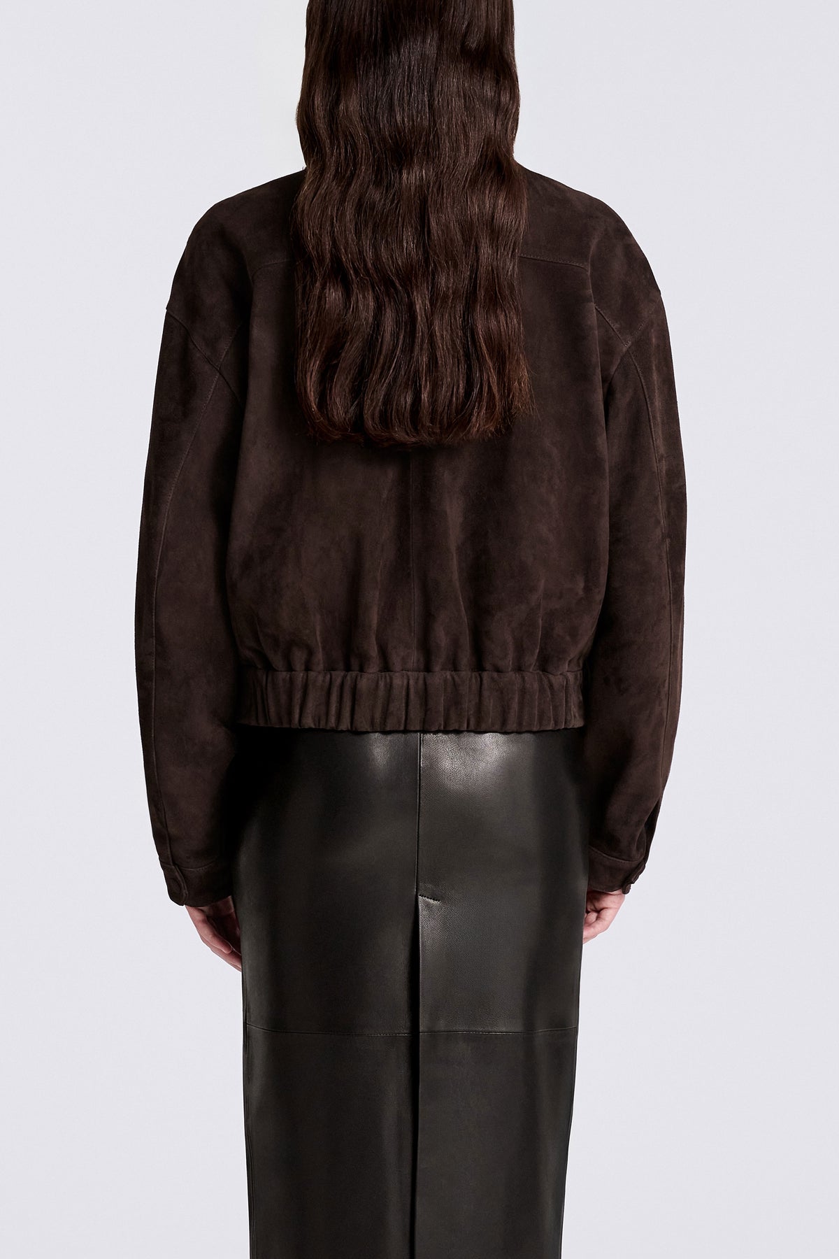 Model is Wearing Nour Hammour Soft Suede Pocket Bomber Mocha - Back