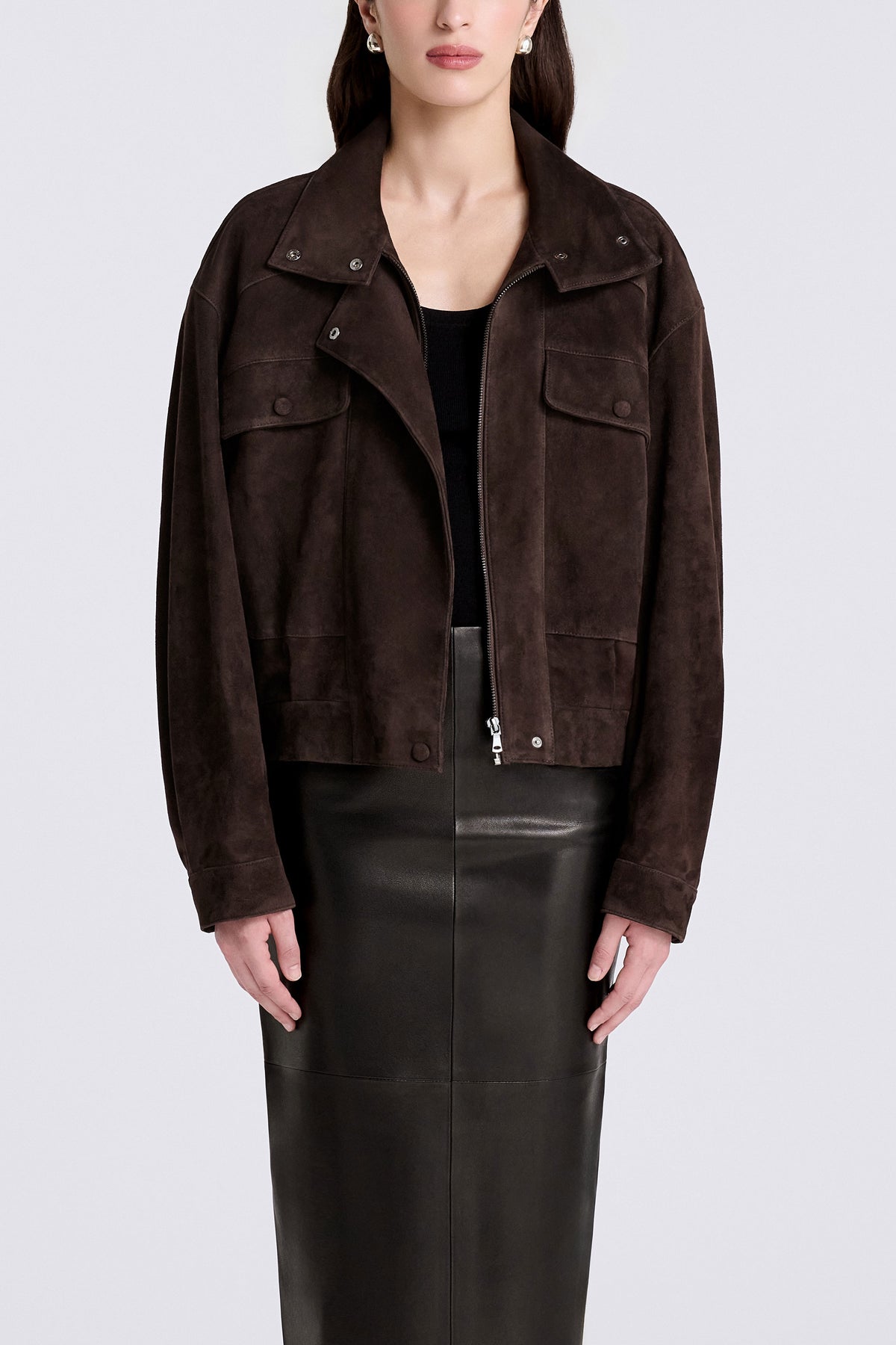 Model is Wearing Nour Hammour Soft Suede Pocket Bomber Mocha - Front Open 