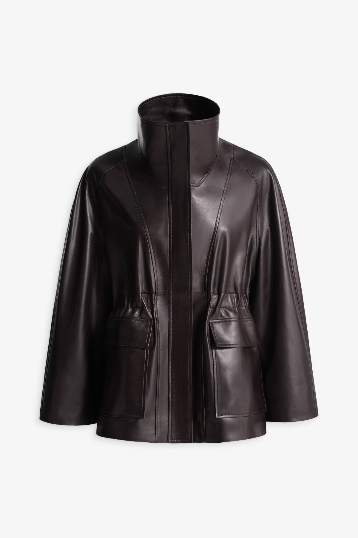 Nour Hammour Quai Cinched Funnel Neck Leather Jacket Dark Brown -Silhouette