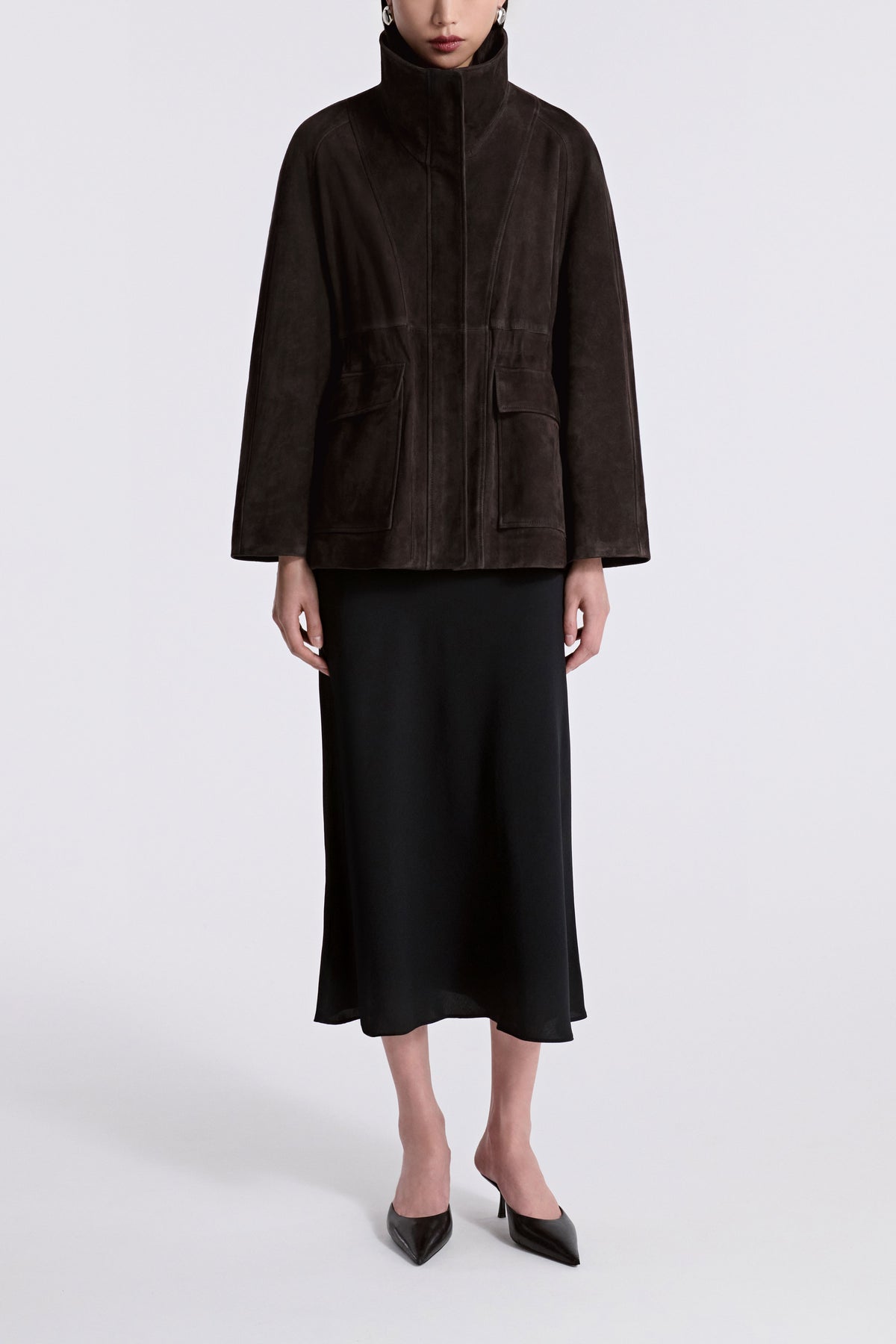 Model is Wearing Nour Hammour Quai Cinched Funnel Neck Suede Jacket Mocha - Front