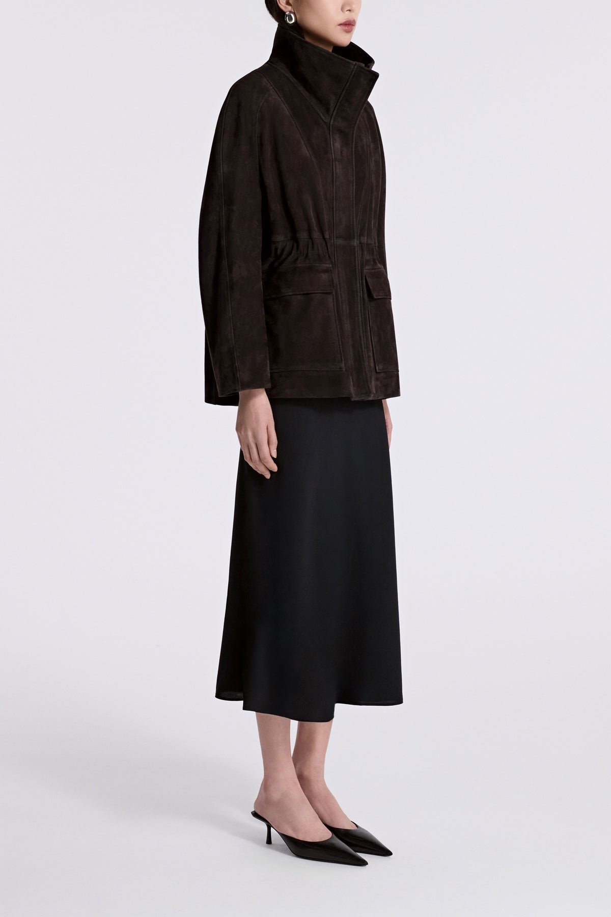Model is Wearing Nour Hammour Quai Cinched Funnel Neck Suede Jacket Mocha - Side 