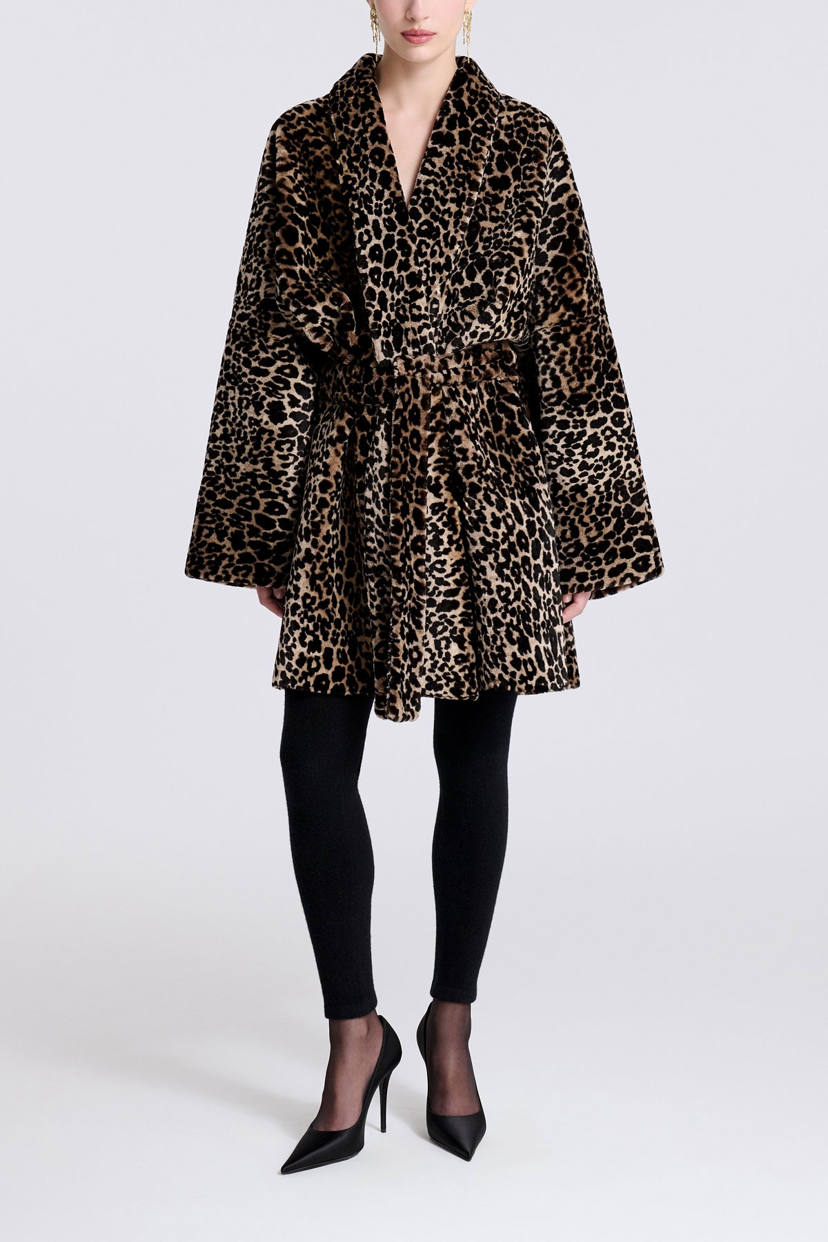 Model is Wearing Nour Hammour Raquel Fluid Merinos Shearling Coat Plush Leopard - Front