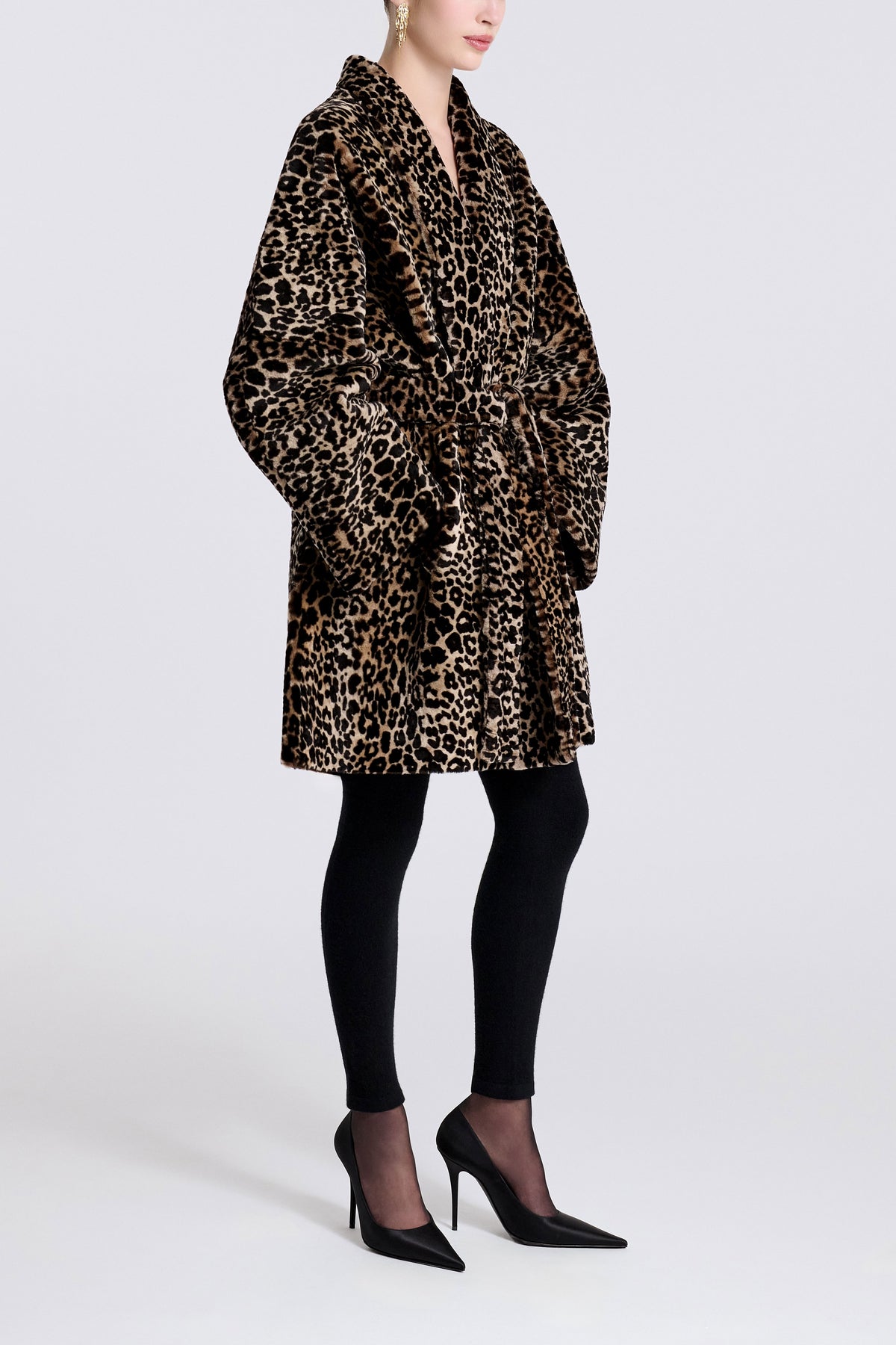 Model is Wearing Nour Hammour Raquel Fluid Merinos Shearling Coat Plush Leopard - Three Quarters 