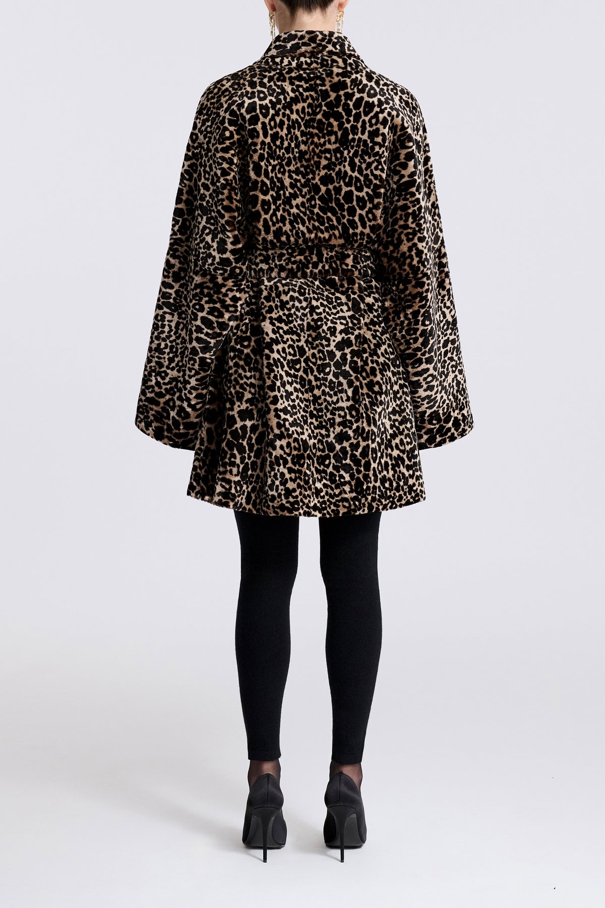 Model is Wearing Nour Hammour Raquel Fluid Merinos Shearling Coat Plush Leopard - Back