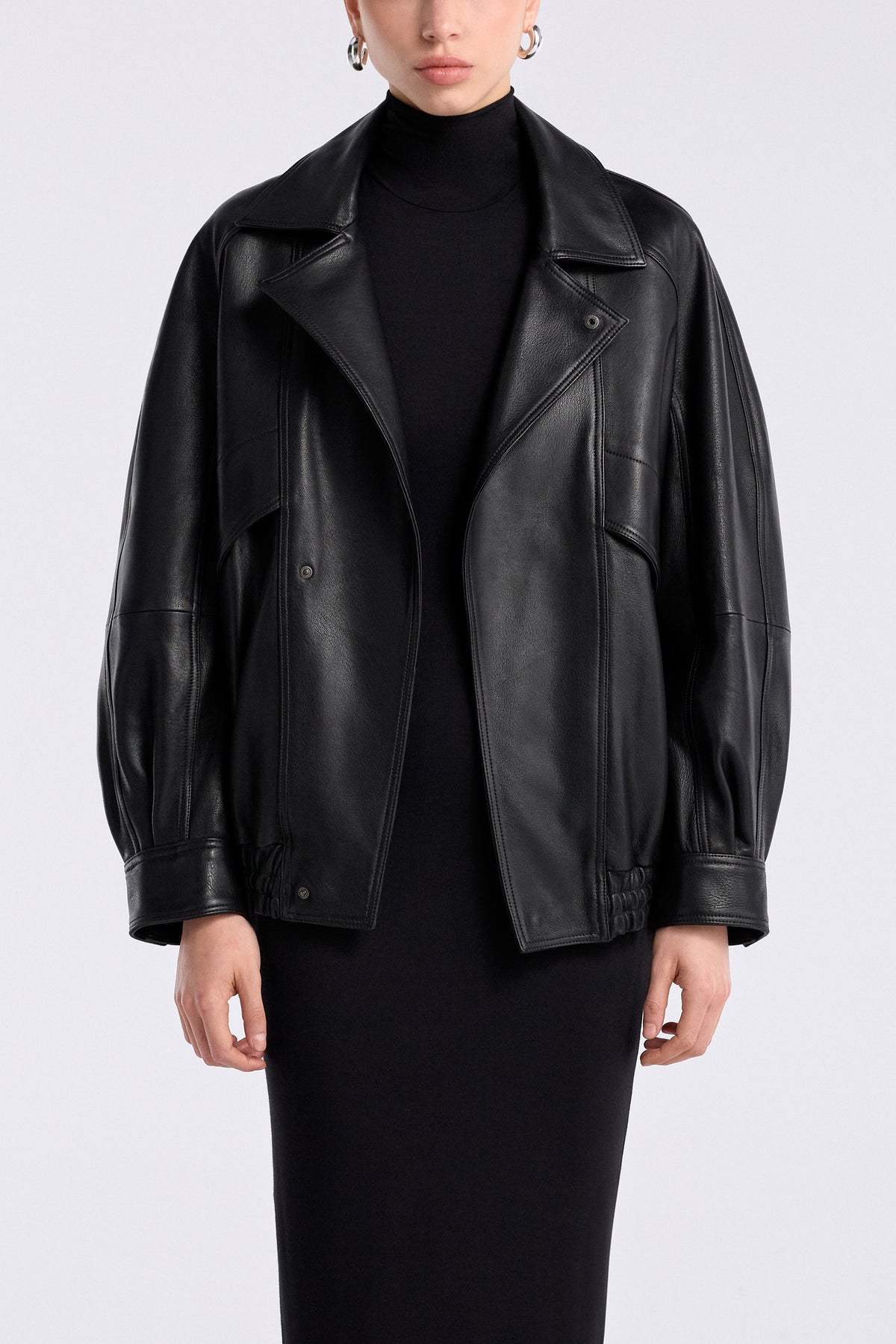 Model is Wearing Nour Hammour Rafe Modern Leather Bomber Black - Front Open