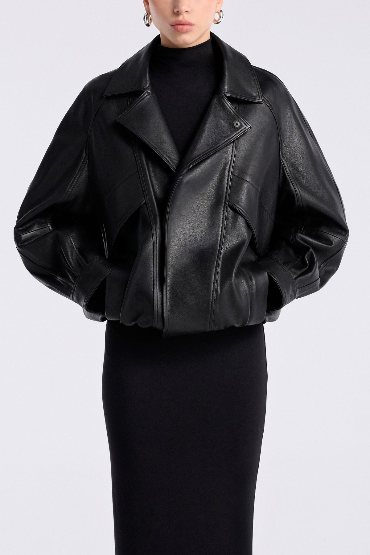 Model is Wearing Nour Hammour Rafe Modern Leather Bomber Black - Front Closed 