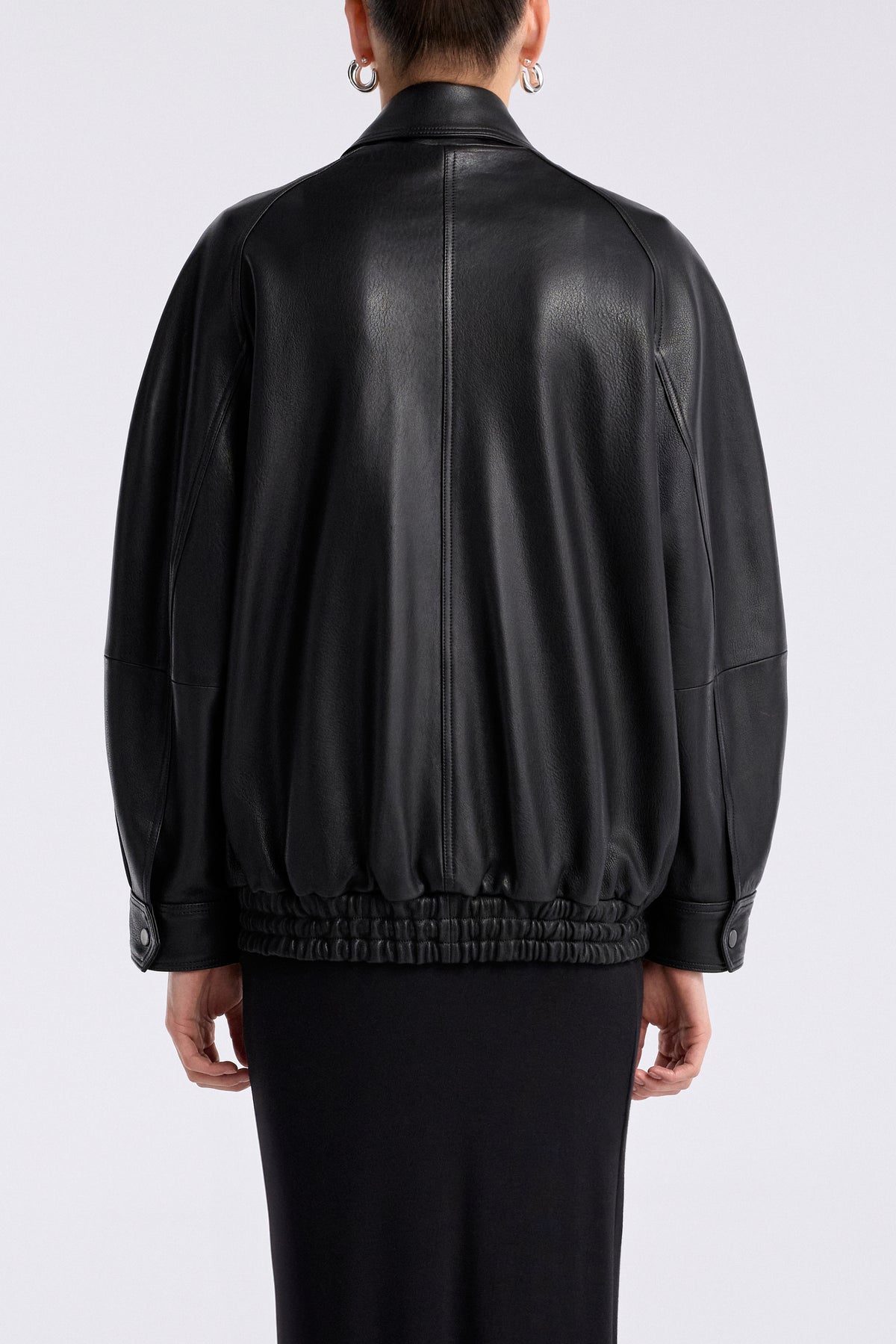 Model is Wearing Nour Hammour Rafe Modern Leather Bomber Black - Back
