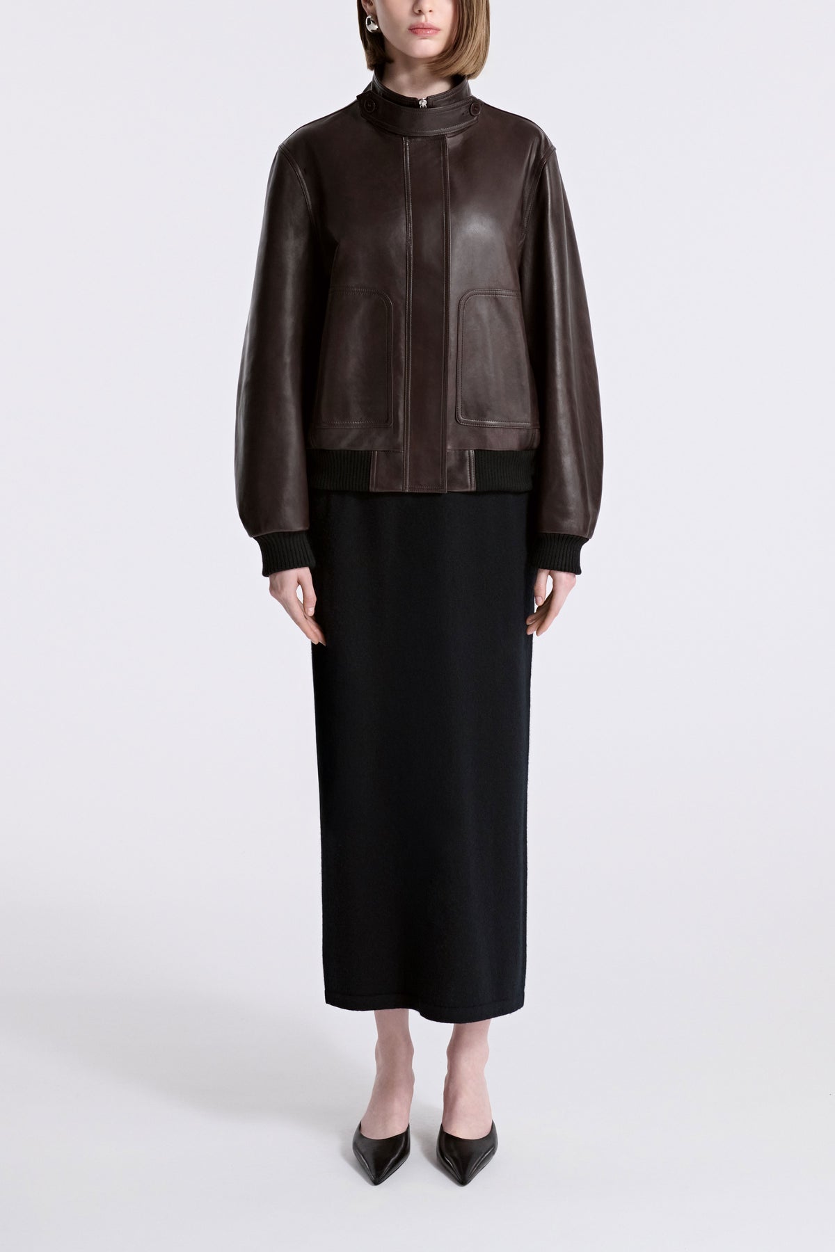 Model is Wearing Nour Hammour Rios Classic Leather Bomber Ebony Brown - Front 