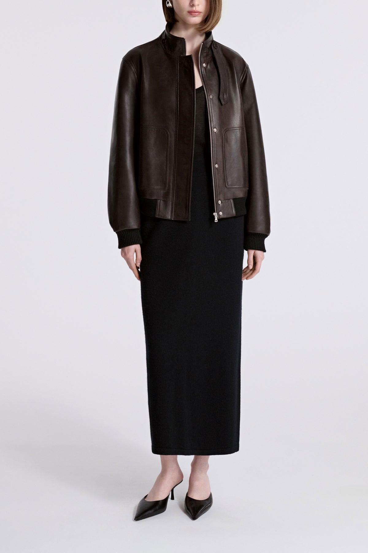 Model is Wearing Nour Hammour Rios Classic Leather Bomber Ebony Brown - Front Open 