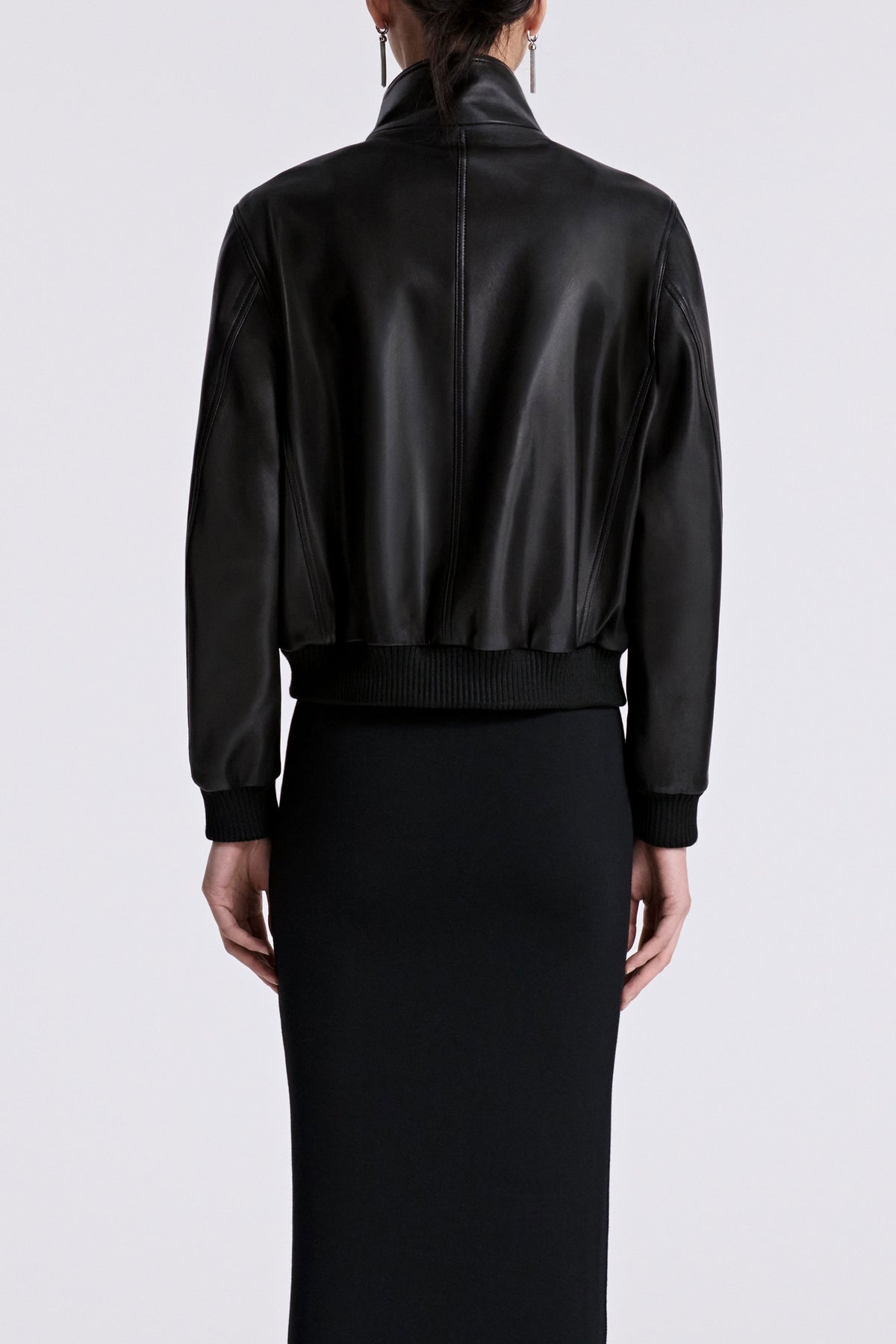 Model is Wearing Nour Hammour Rios Classic Leather Bomber Noir Classique - Back