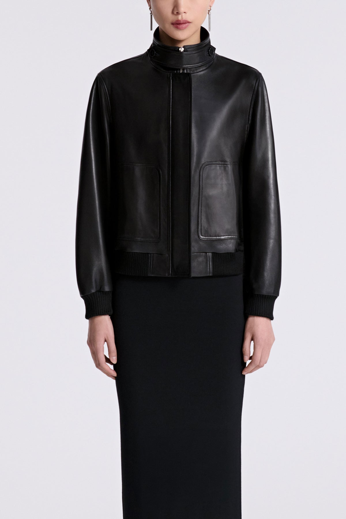 Model is Wearing Nour Hammour Rios Classic Leather Bomber Noir Classique - Front Closed