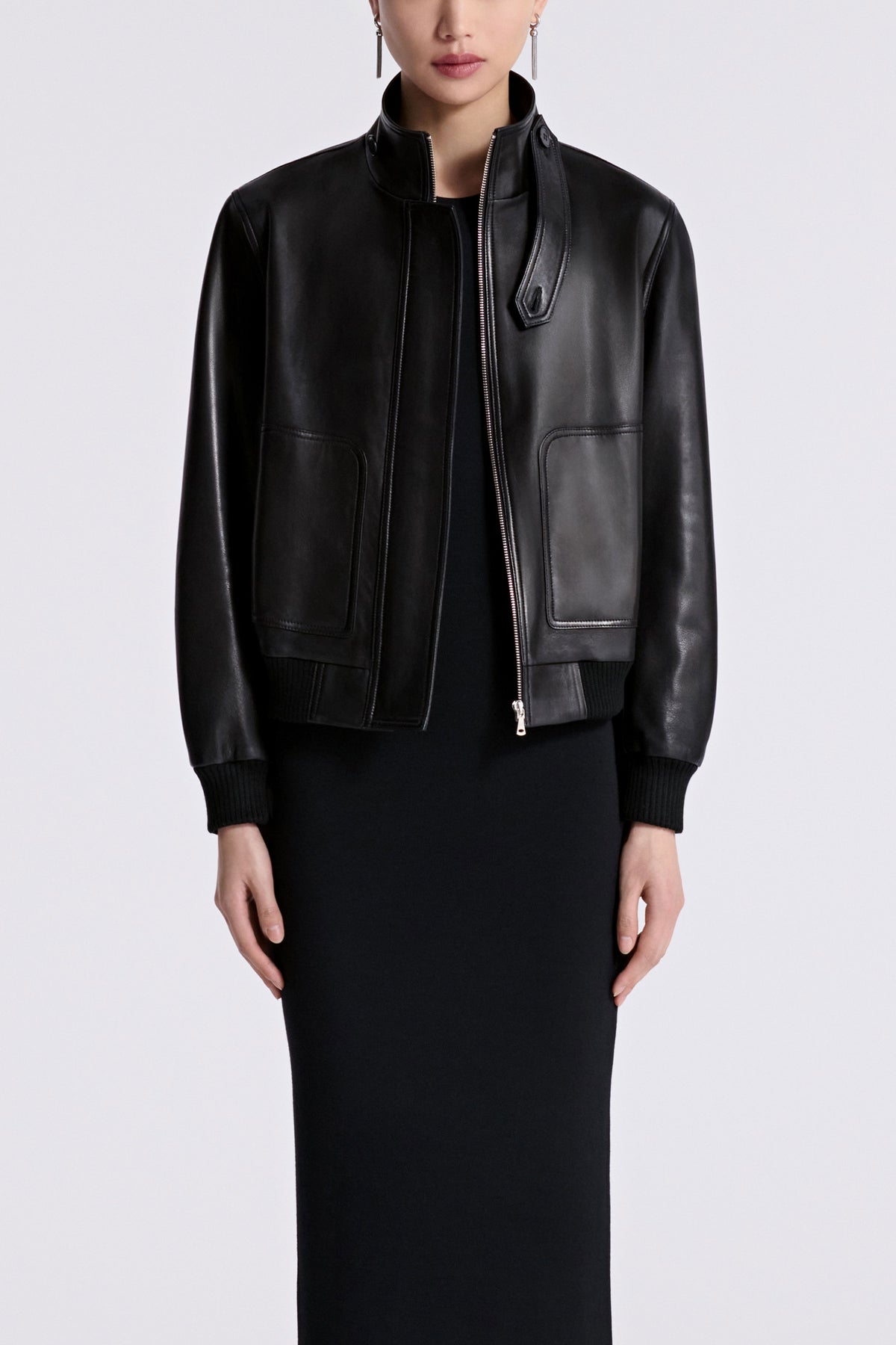 Model is Wearing Nour Hammour Rios Classic Leather Bomber Noir Classique - Front Open