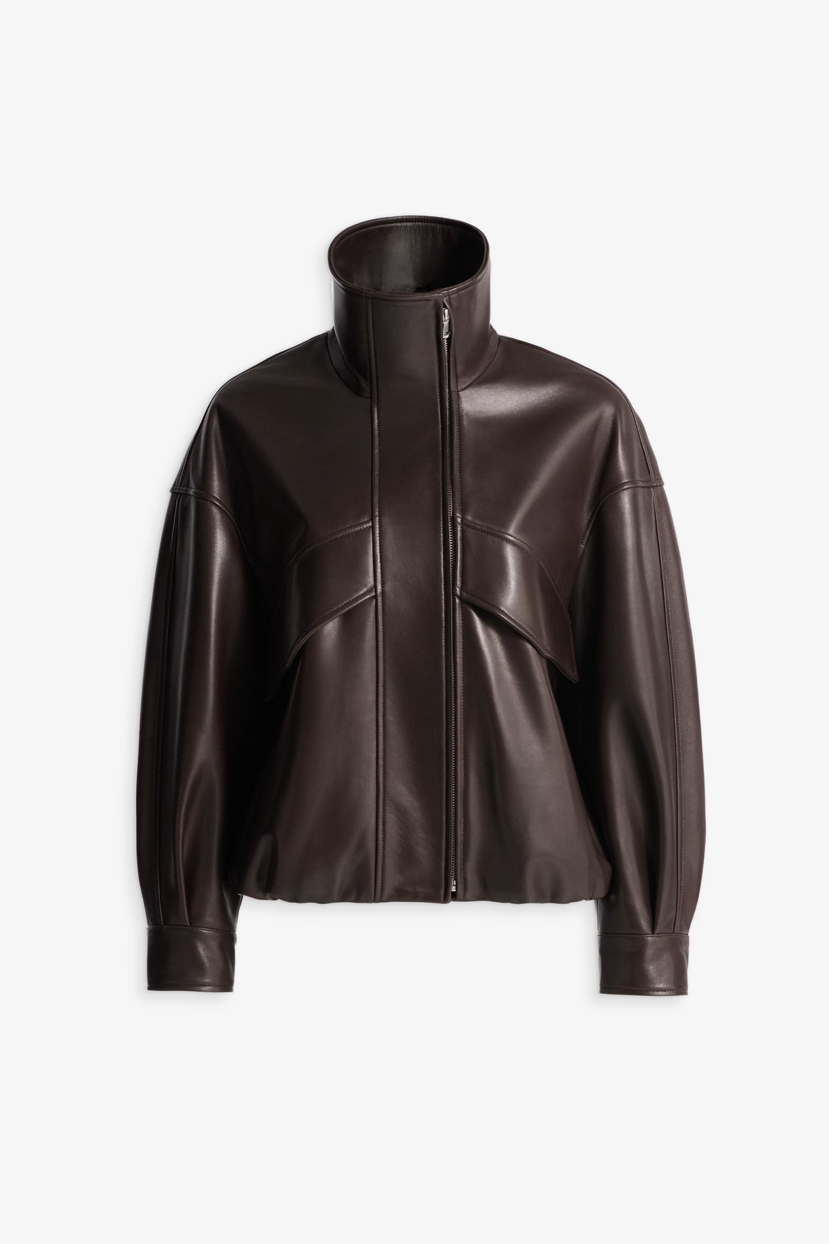 Nour Hammour Roland Funnel Neck Leather Bomber Ebony Brown  -Silhouette