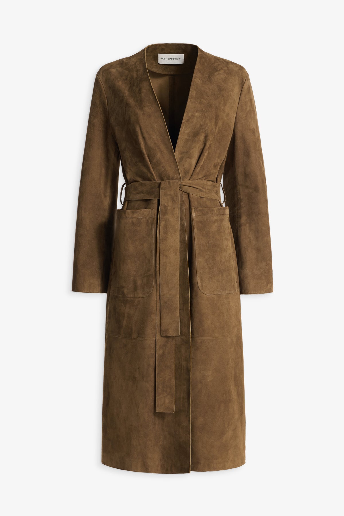 Nour Hammour Ruelle Collarless Suede Trench Bark - Silhouette