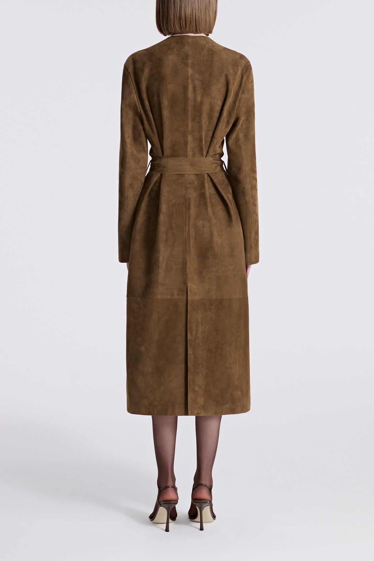 Model is Wearing Nour Hammour Ruelle Collarless Suede Trench Bark - Back