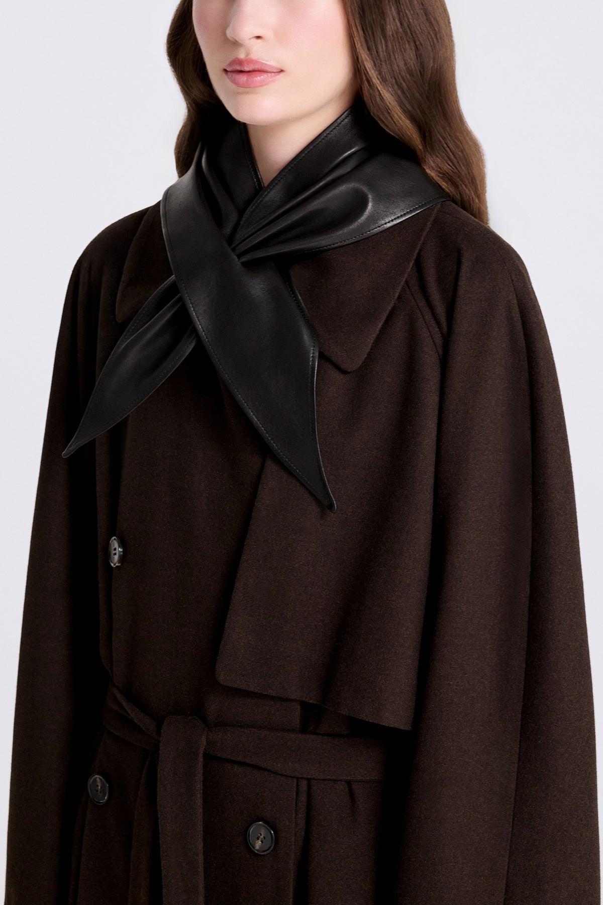 Model is Wearing Nour Hammour Sena Leather Foulard Noir Classique - Three Quarters  