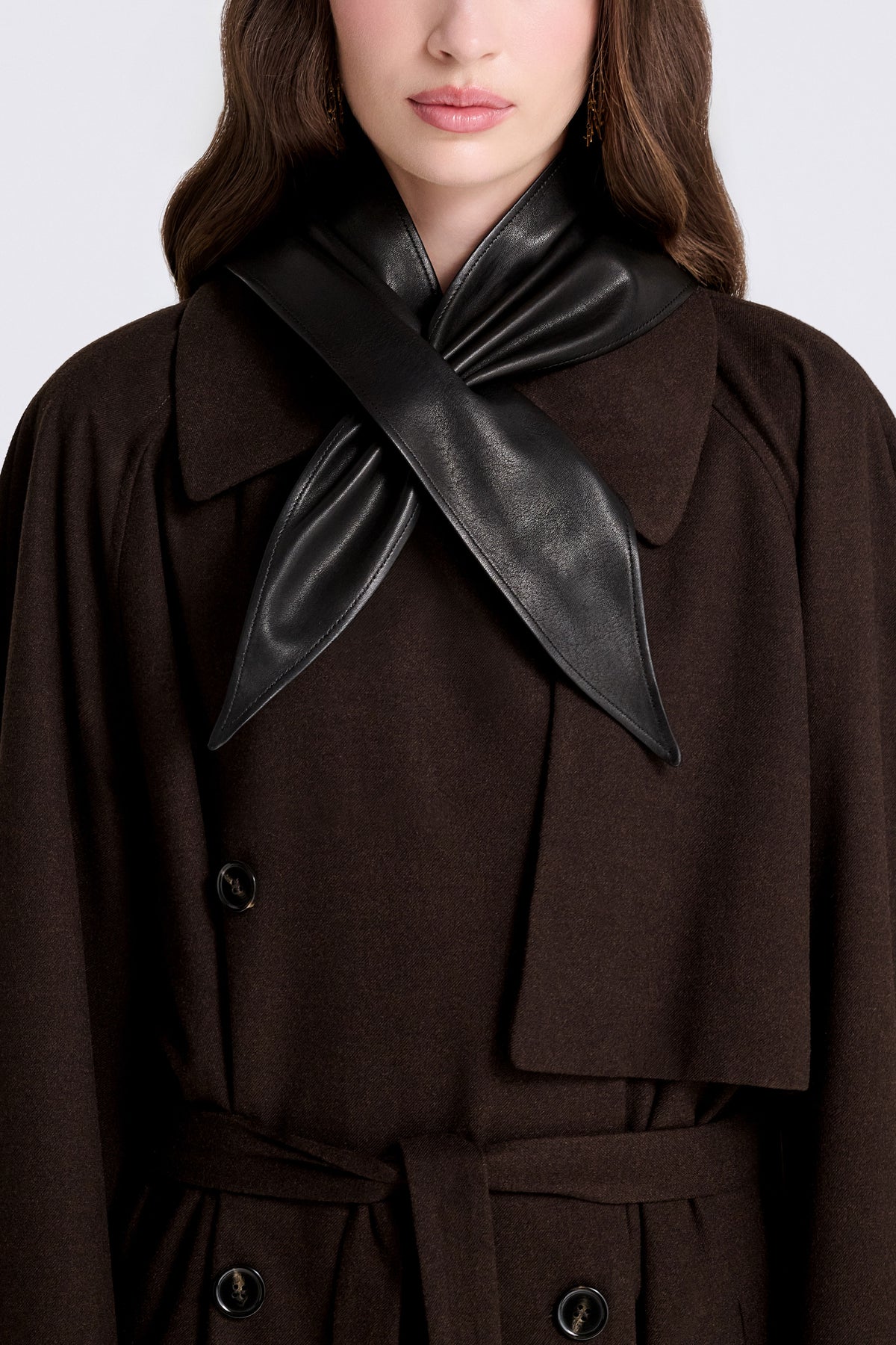 Model is Wearing Nour Hammour Sena Leather Foulard Noir Classique - Front