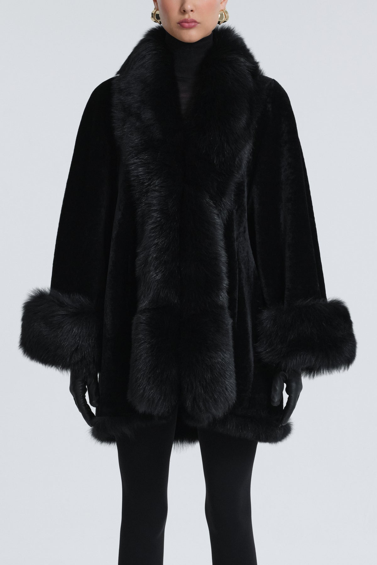 Model is Wearing Nour Hammour Sima Shearling Midi Swing Coat Black - Front Closed