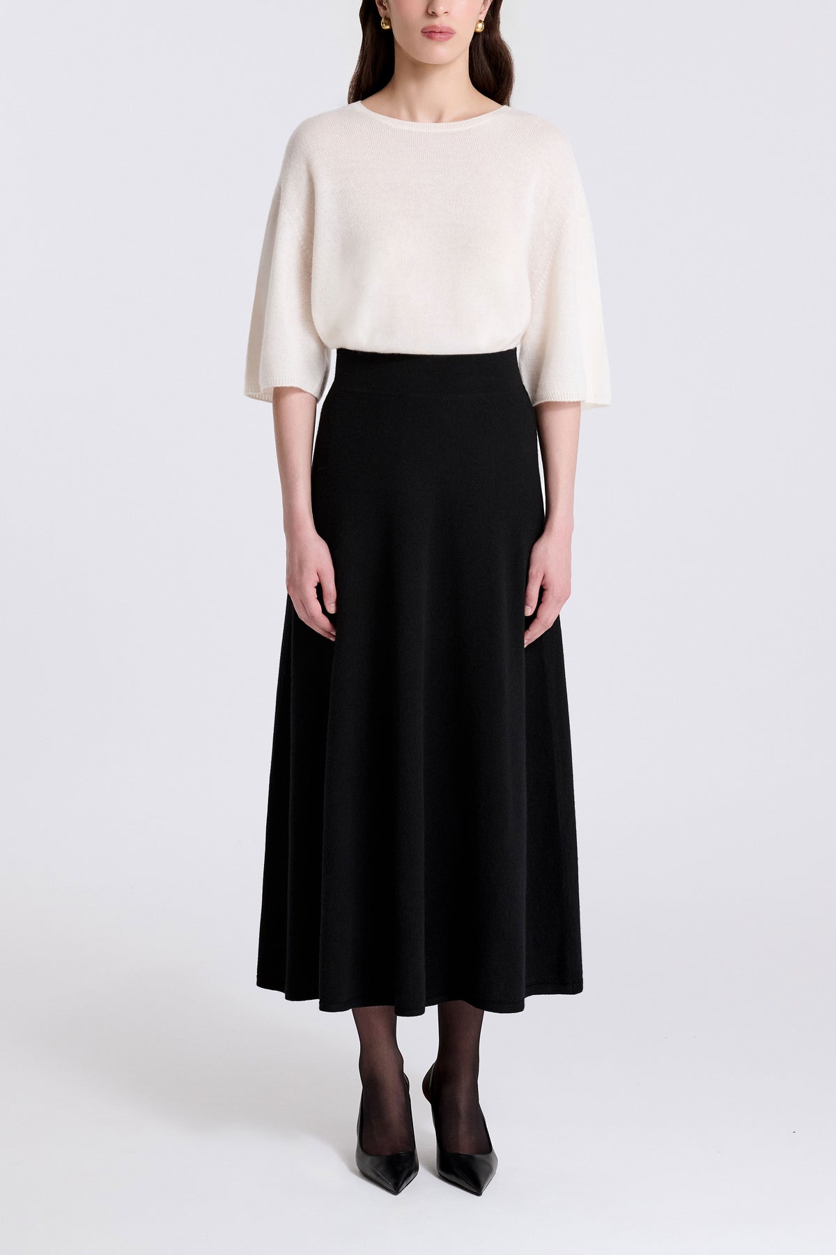 Model is Wearing Nour Hammour Sola Cashmere Fluid Midi Skirt Black - Front