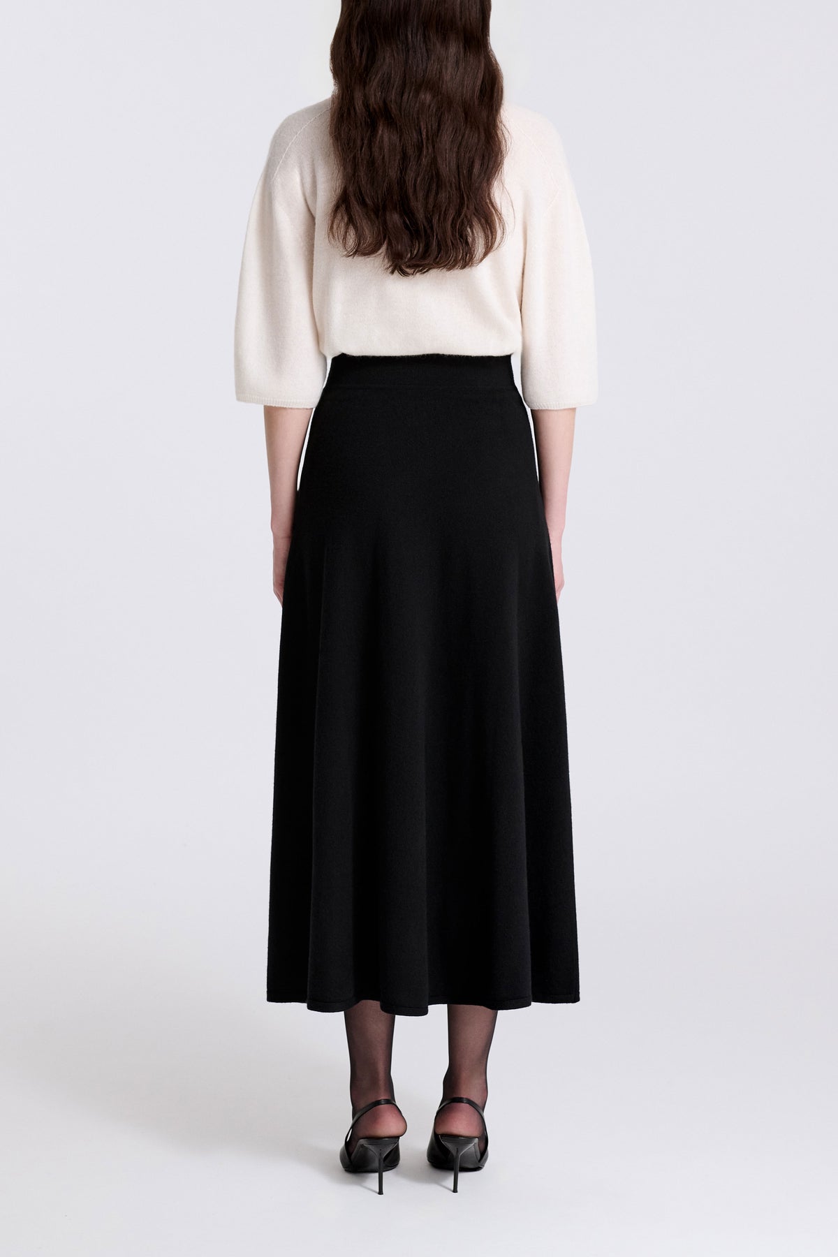 Model is Wearing Nour Hammour Sola Cashmere Fluid Midi Skirt Black - Back