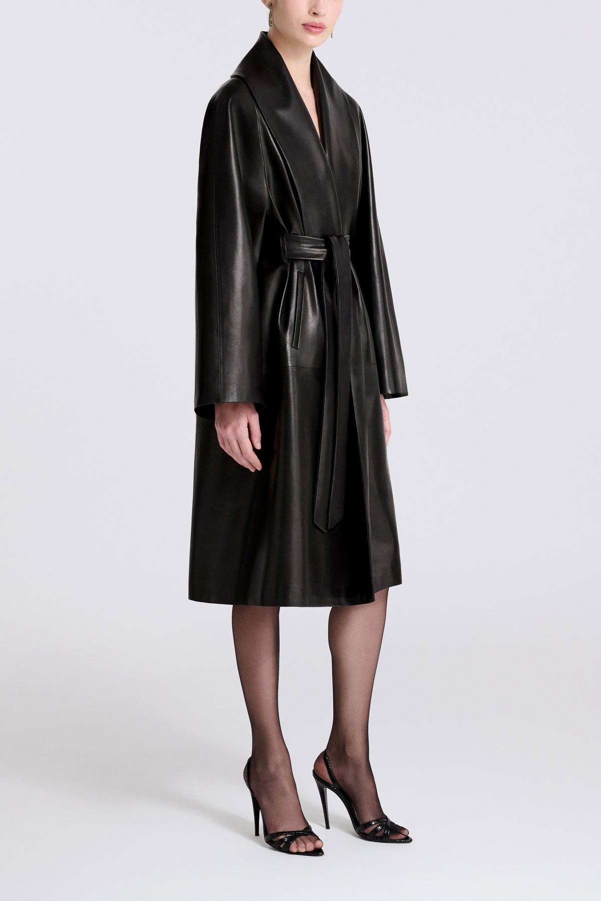 Model is Wearing Nour Hammour Sylvie Shawl Collar Robe Coat Nour Classique - Three Quarters 