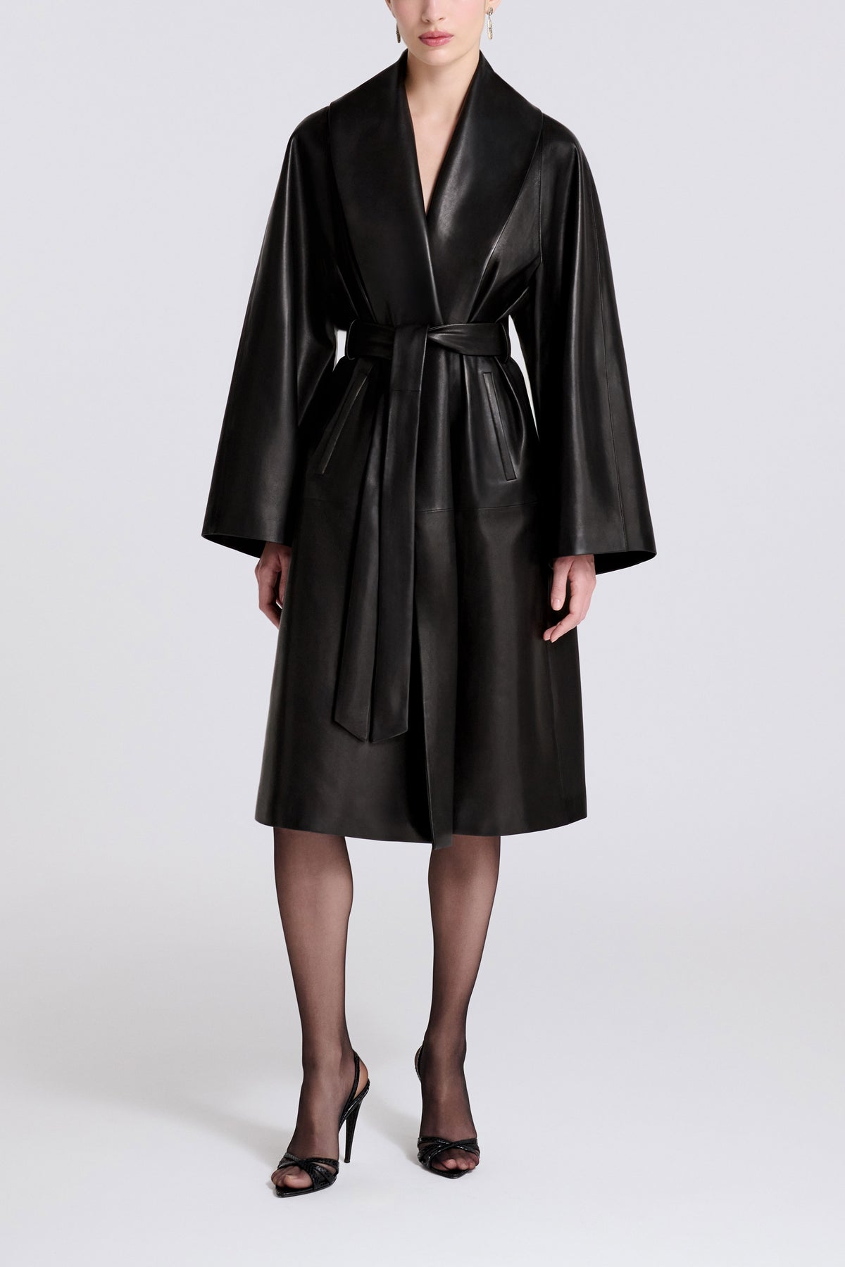 Model is Wearing Nour Hammour Sylvie Shawl Collar Robe Coat Nour Classique - Front