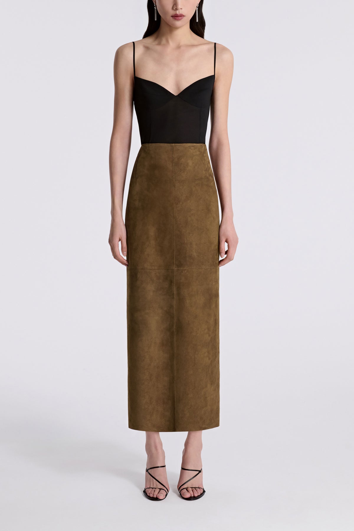 Model is Wearing Nour Hammour Selly Fitted Long Suede Skirt Bark - Front