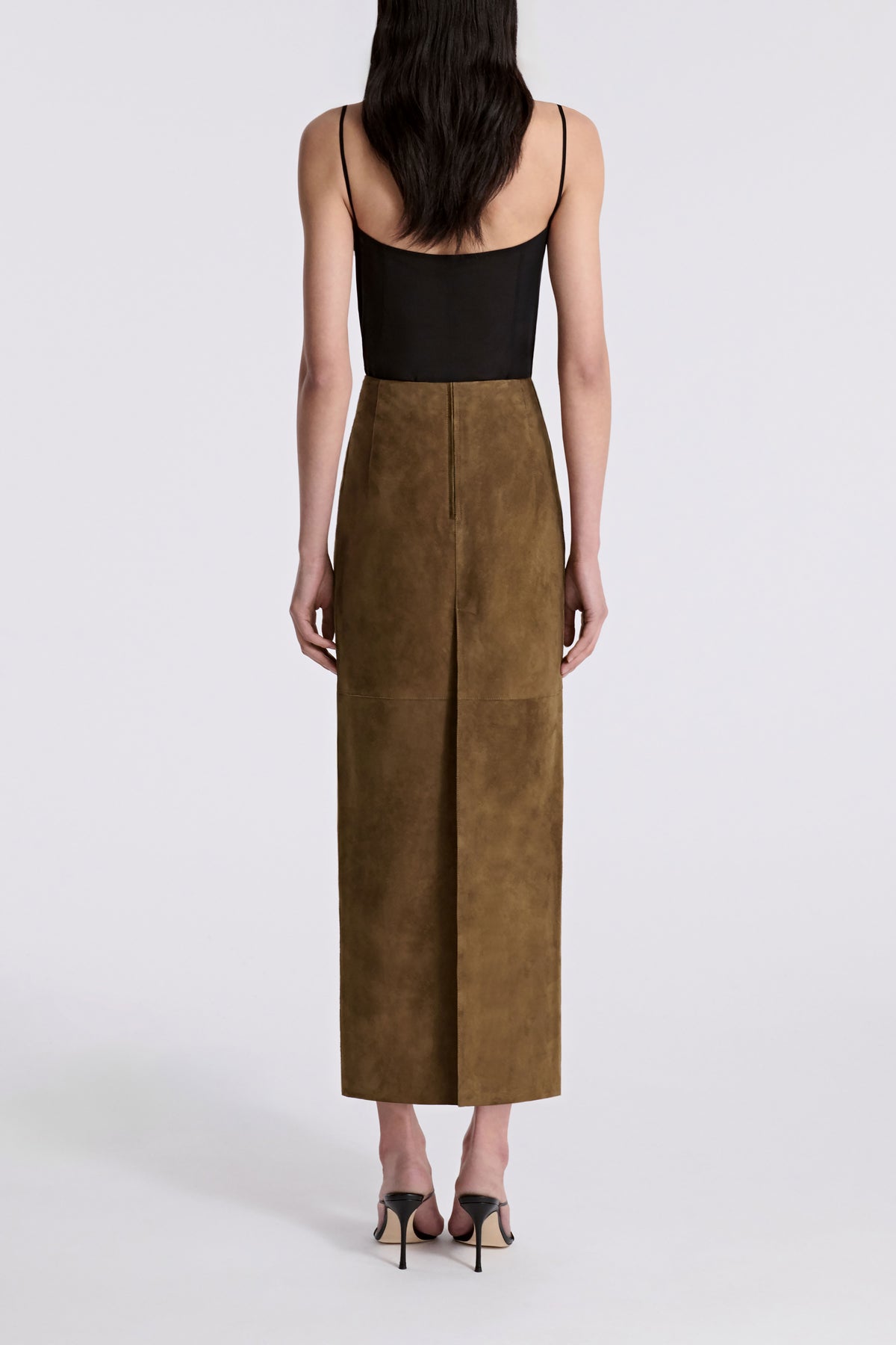 Model is Wearing Nour Hammour Selly Fitted Long Suede Skirt Bark - Back