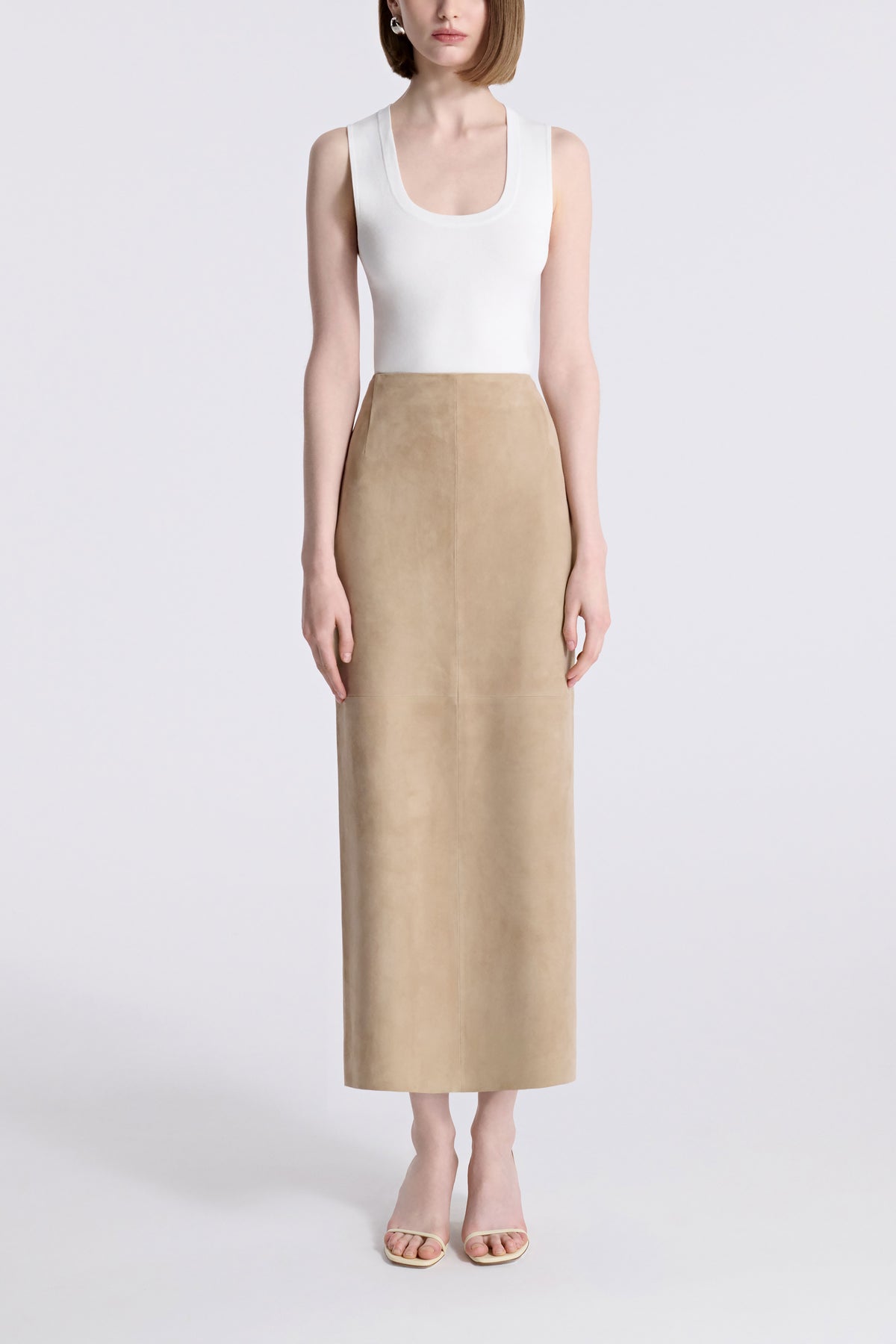 Model is Wearing Nour Hammour Selly Fitted Long Suede Skirt Creme - Front