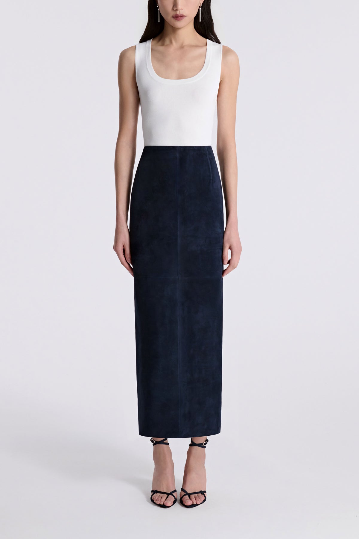 Model is Wearing Nour Hammour Selly Fitted Long Suede Skirt Navy - Front